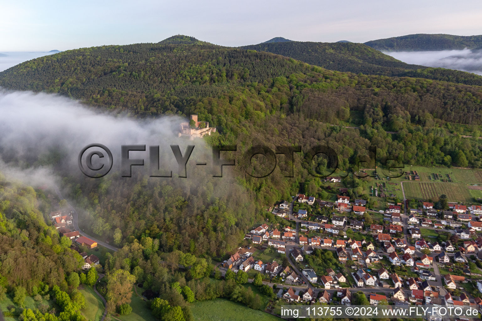 Ruine der ehemaligen Burganlage Burg Landeck im Morgennebel in Klingenmünster im Bundesland Rheinland-Pfalz, Deutschland