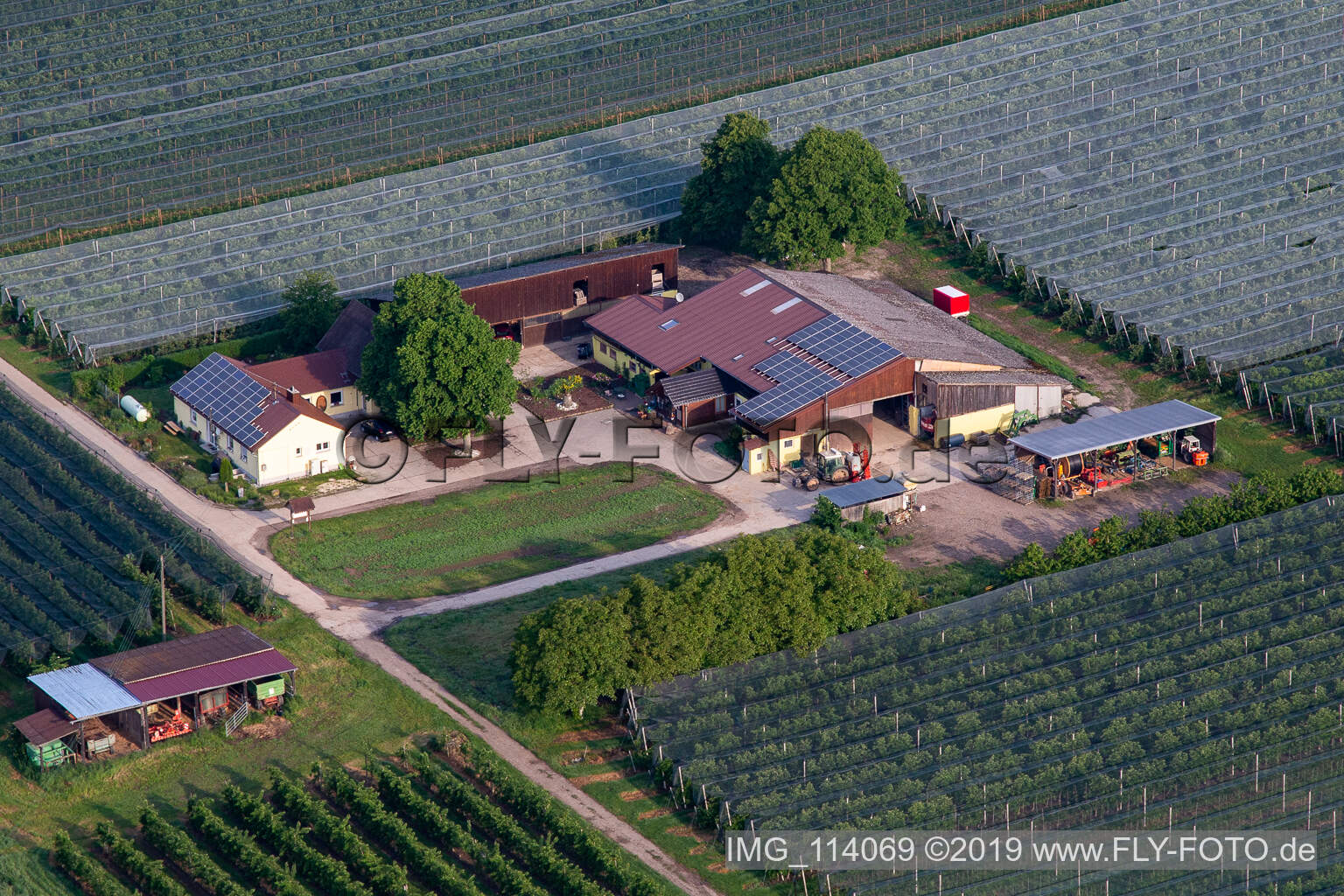 Luftaufnahme von Obst- und Spagelhof Gensheimer in Steinweiler im Bundesland Rheinland-Pfalz, Deutschland