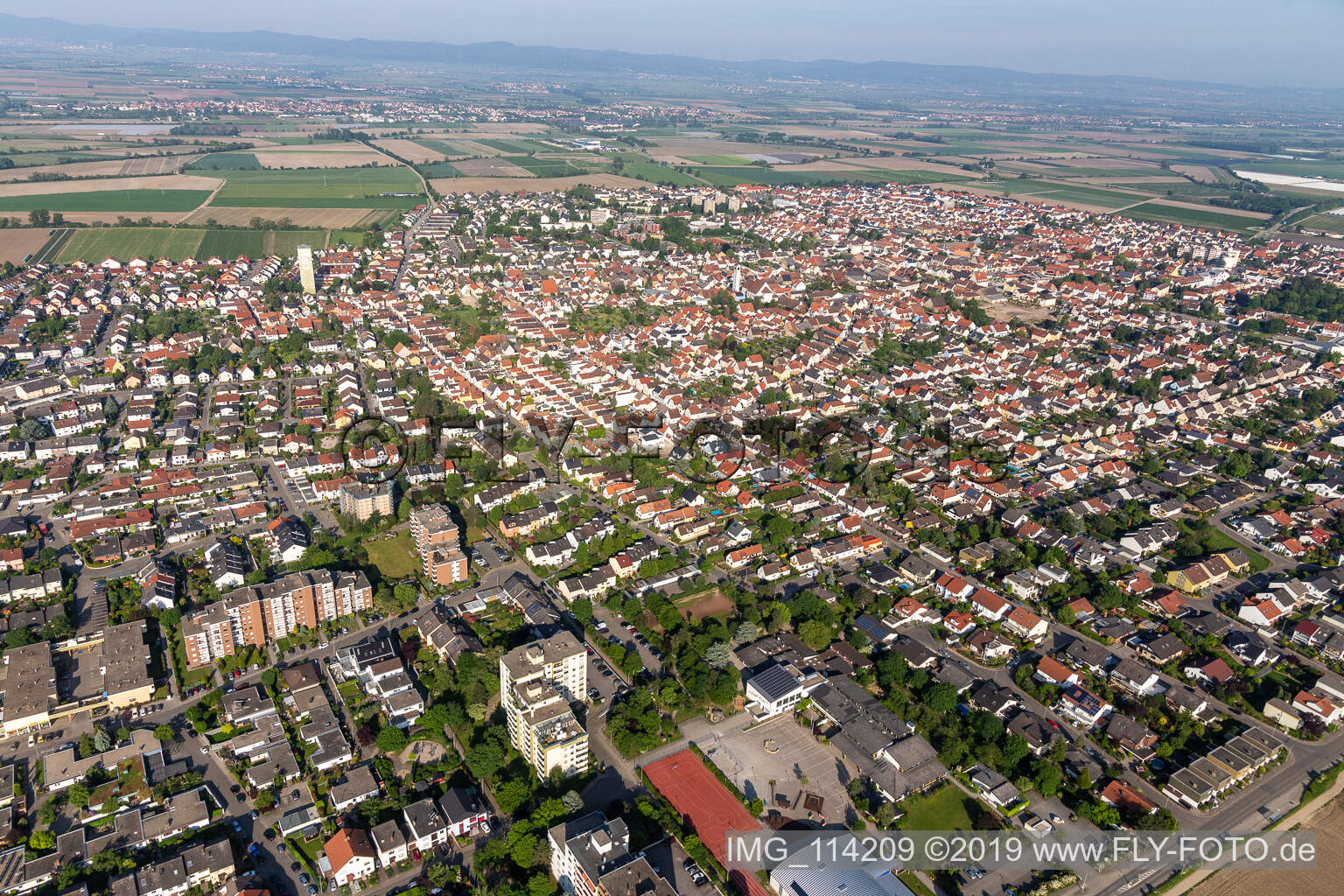 Schrägluftbild von Mutterstadt im Bundesland Rheinland-Pfalz, Deutschland