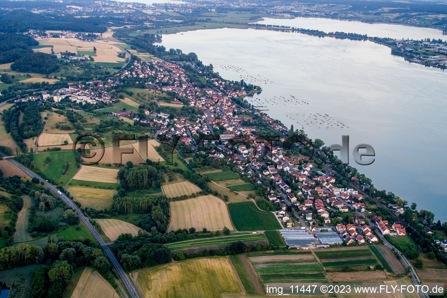 Luftbild von Dorfkern an den See- Uferbereichen des Untersee/Bodensee in Allensbach im Bundesland Baden-Württemberg, Deutschland