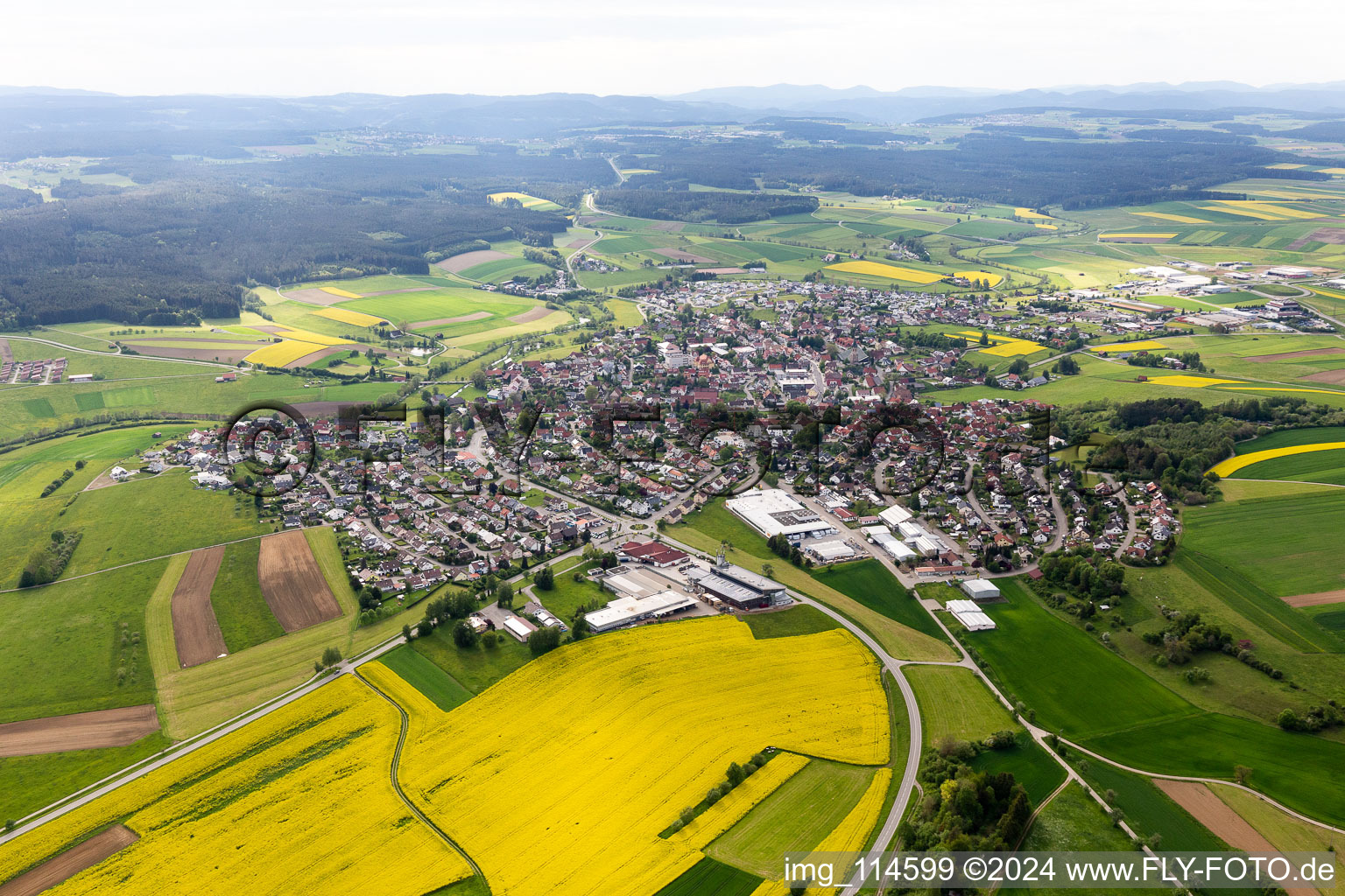 Ortsansicht am Rande von landwirtschaftlichen Feldern und Nutzflächen in Dunningen im Bundesland Baden-Württemberg, Deutschland