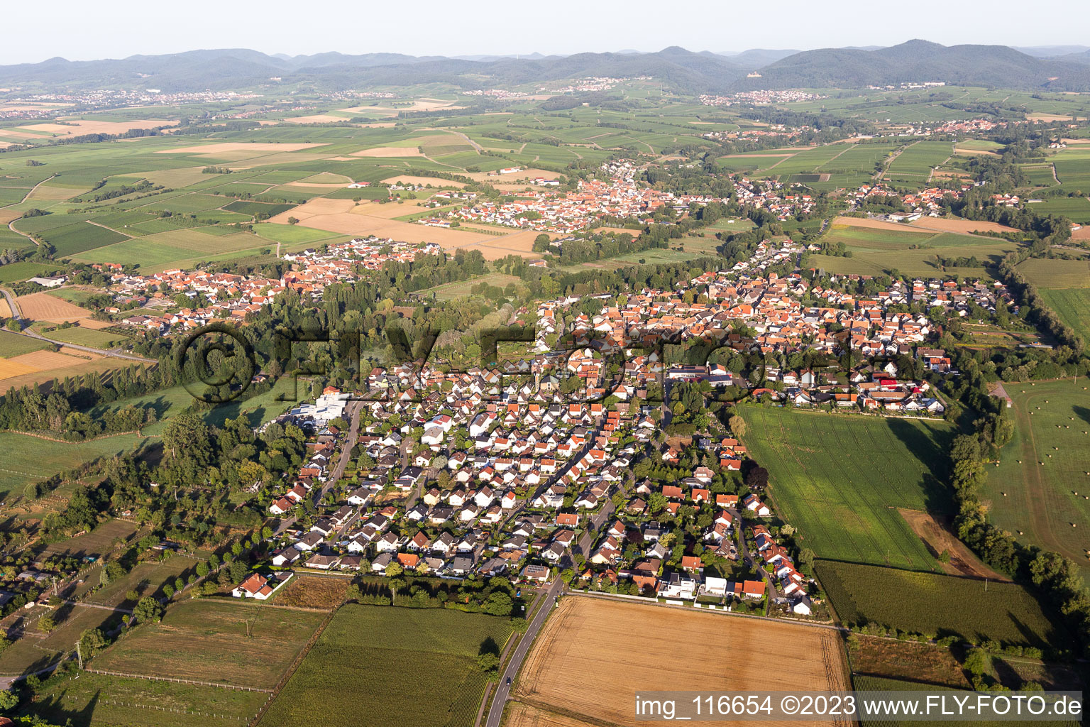 Schrägluftbild von Ortsteil Billigheim in Billigheim-Ingenheim im Bundesland Rheinland-Pfalz, Deutschland