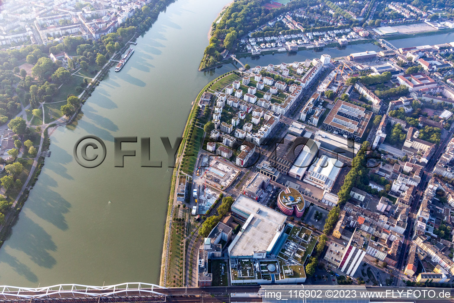 Luftaufnahme von Wohnen am Fluß, Rheinschanzenpromenade im Ortsteil Süd in Ludwigshafen am Rhein im Bundesland Rheinland-Pfalz, Deutschland