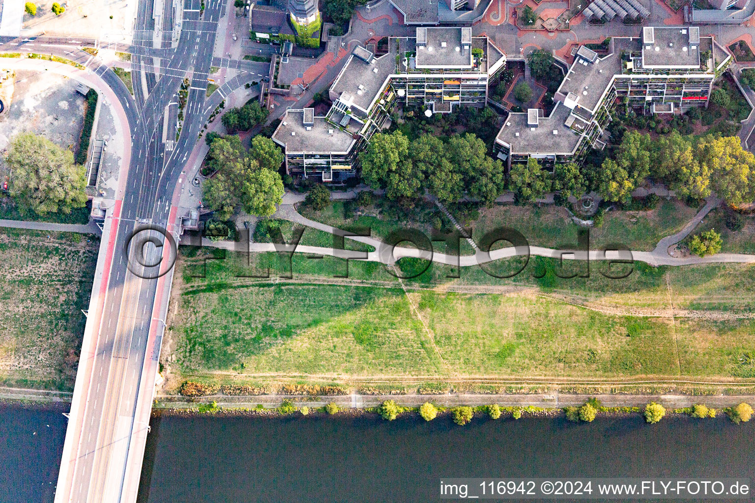 Neckarwiesen an der Kurpfalzbrücke und Neckarufer Nord im Ortsteil Neckarstadt-Ost in Mannheim im Bundesland Baden-Württemberg, Deutschland