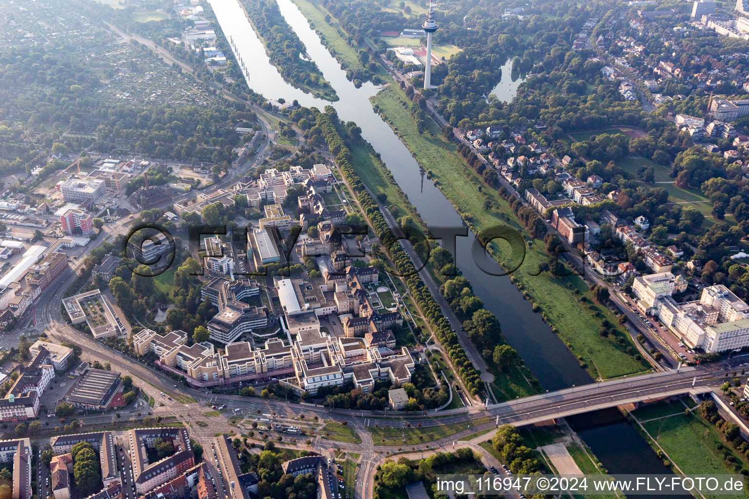 Klinikgelände des Krankenhauses der Universitätsklinik und dem Klinikum Mannheim am Ufer des Neckar in Mannheim im Ortsteil Neckarstadt-Ost im Bundesland Baden-Württemberg, Deutschland