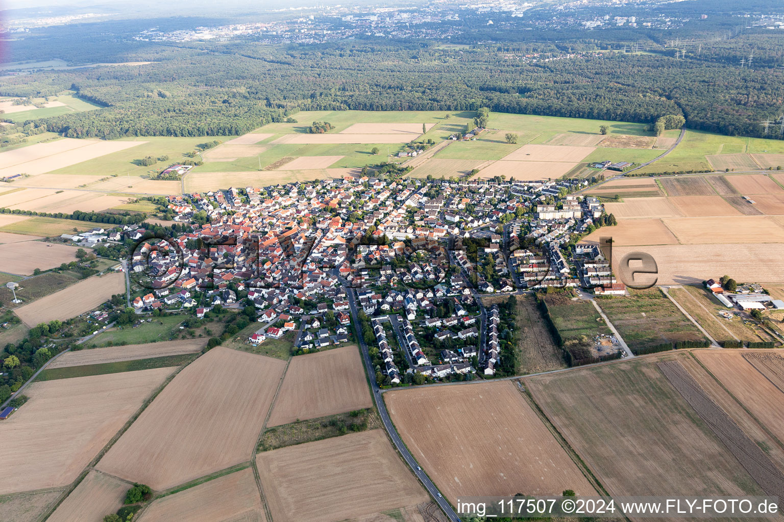 Wald- Gebiete und Forstflächen umsäumen das Siedlungsgebiet des Dorfes in Wachenbuchen in Maintal im Bundesland Hessen, Deutschland