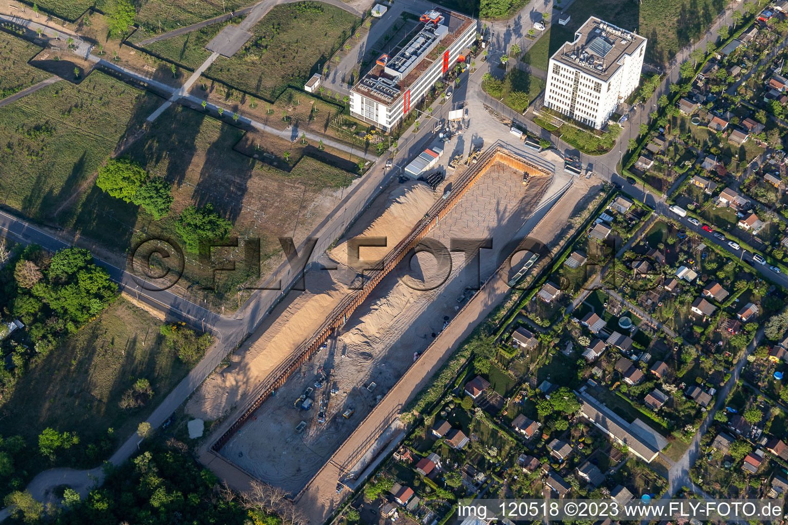 Luftbild von Baustelle im Technologiepark im Ortsteil Rintheim in Karlsruhe im Bundesland Baden-Württemberg, Deutschland