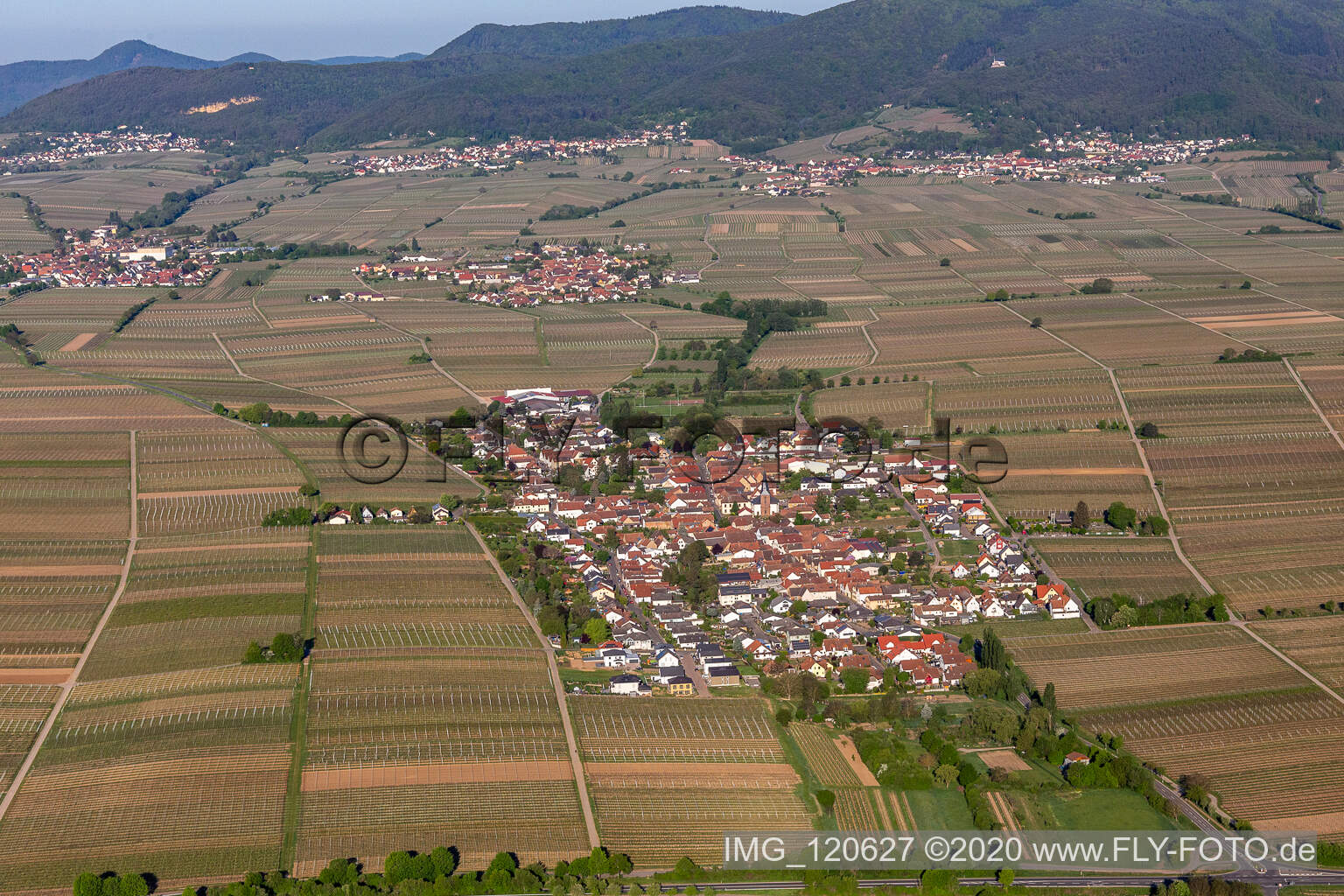 Dorf - Ansicht am Rande von landwirtschaftlichen Feldern und Nutzflächen in Roschbach im Bundesland Rheinland-Pfalz, Deutschland