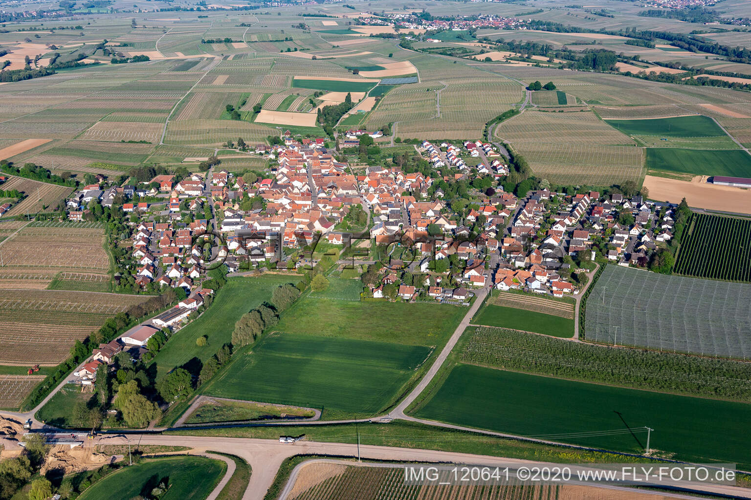 Luftaufnahme von Dorf - Ansicht am Rande von landwirtschaftlichen Feldern und Nutzflächen in Impflingen im Bundesland Rheinland-Pfalz, Deutschland
