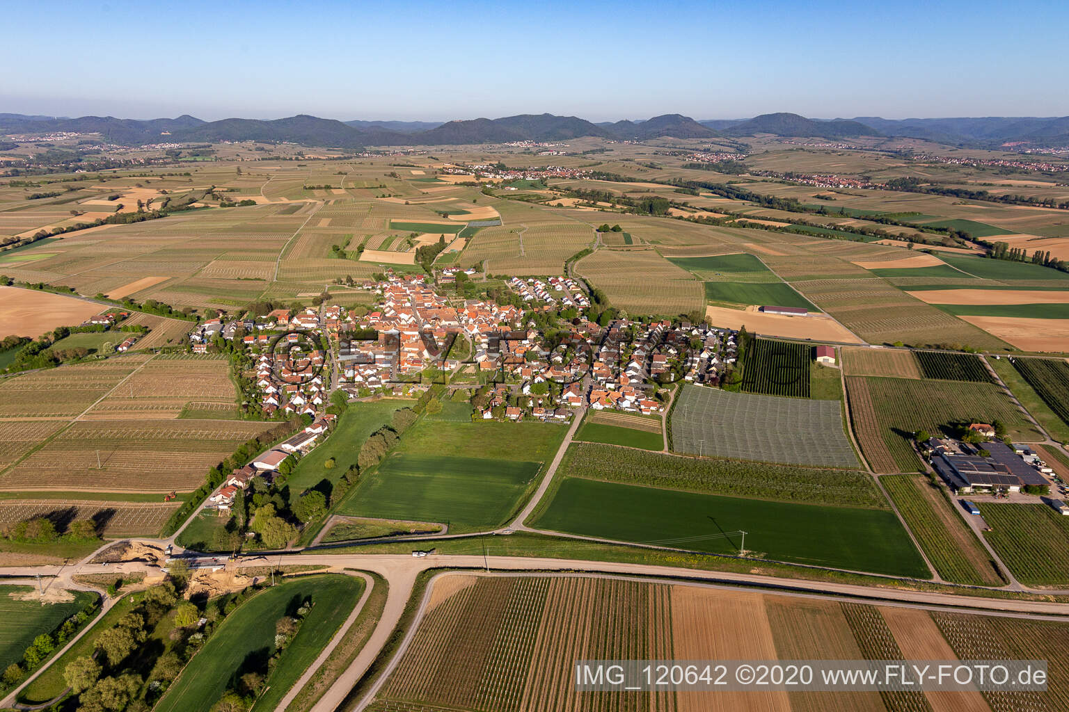 Dorf - Ansicht am Rande von Feldern und vor dem Haardtrand des Pfälzerwaldes in Impflingen im Bundesland Rheinland-Pfalz, Deutschland