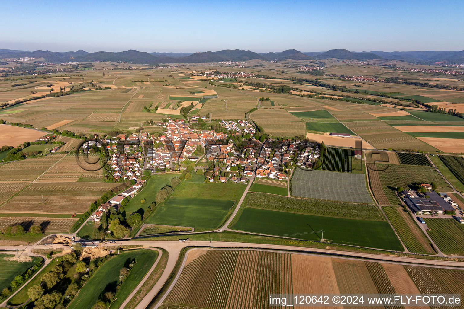 Dorf - Ansicht am Rande von Feldern und vor dem Haardtrand des Pfälzerwaldes in Impflingen im Bundesland Rheinland-Pfalz, Deutschland