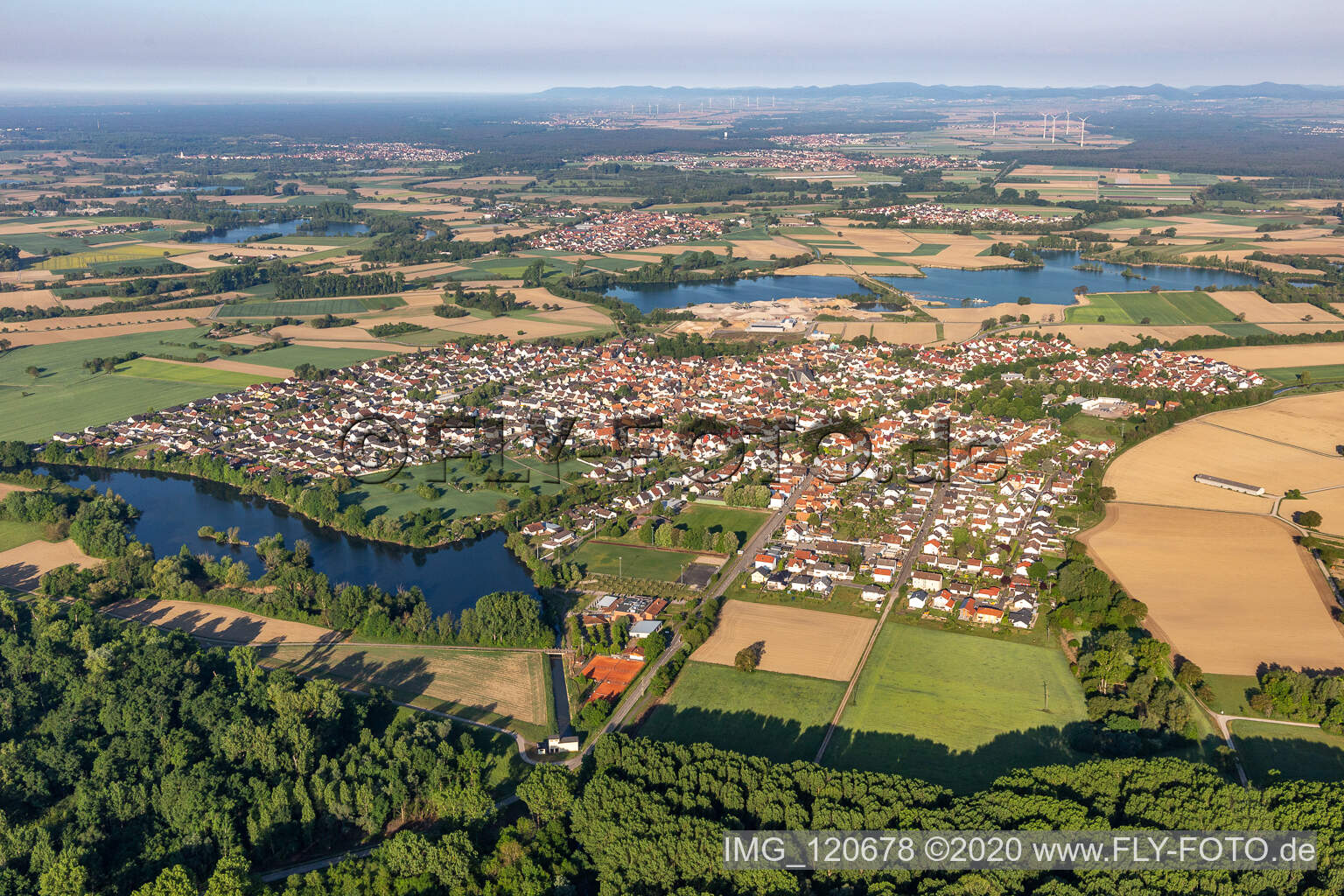 Dorf - Ansicht am Rande von landwirtschaftlichen Feldern und Nutzflächen in Leimersheim im Bundesland Rheinland-Pfalz, Deutschland