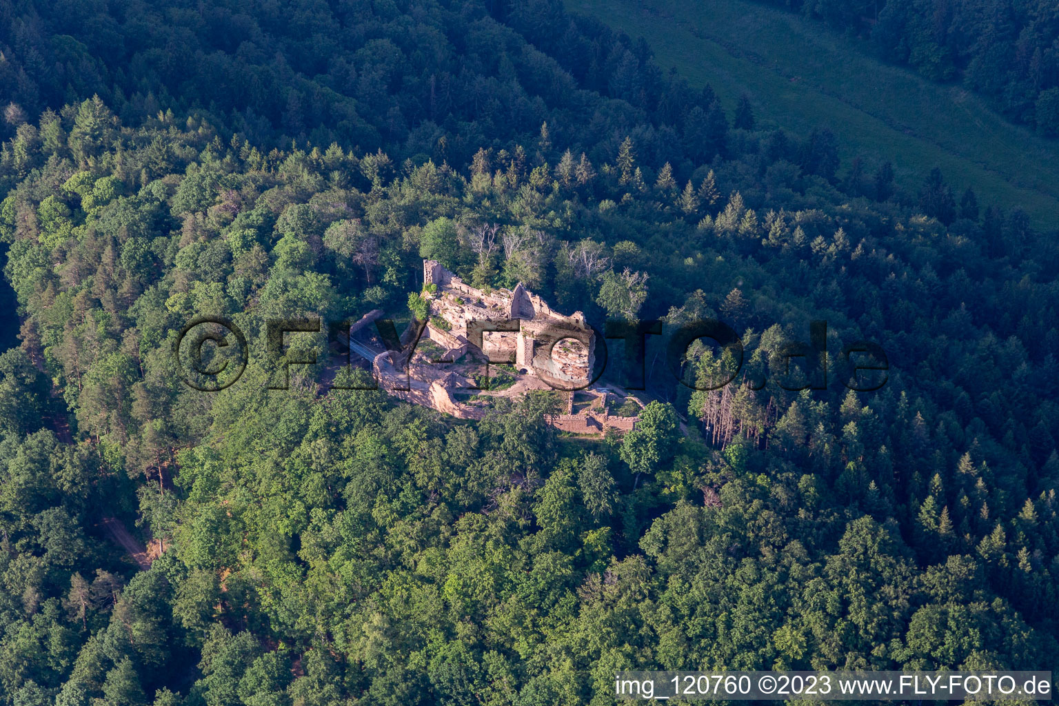 Luftaufnahme von Ruine und Mauerreste der ehemaligen Burg Meistersel in Ramberg im Bundesland Rheinland-Pfalz, Deutschland