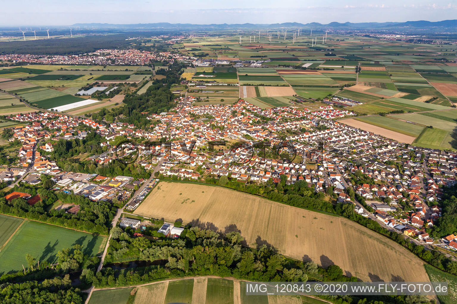 Luftbild von Dorf - Ansicht am Rande von landwirtschaftlichen Feldern und Nutzflächen in Hördt im Bundesland Rheinland-Pfalz, Deutschland