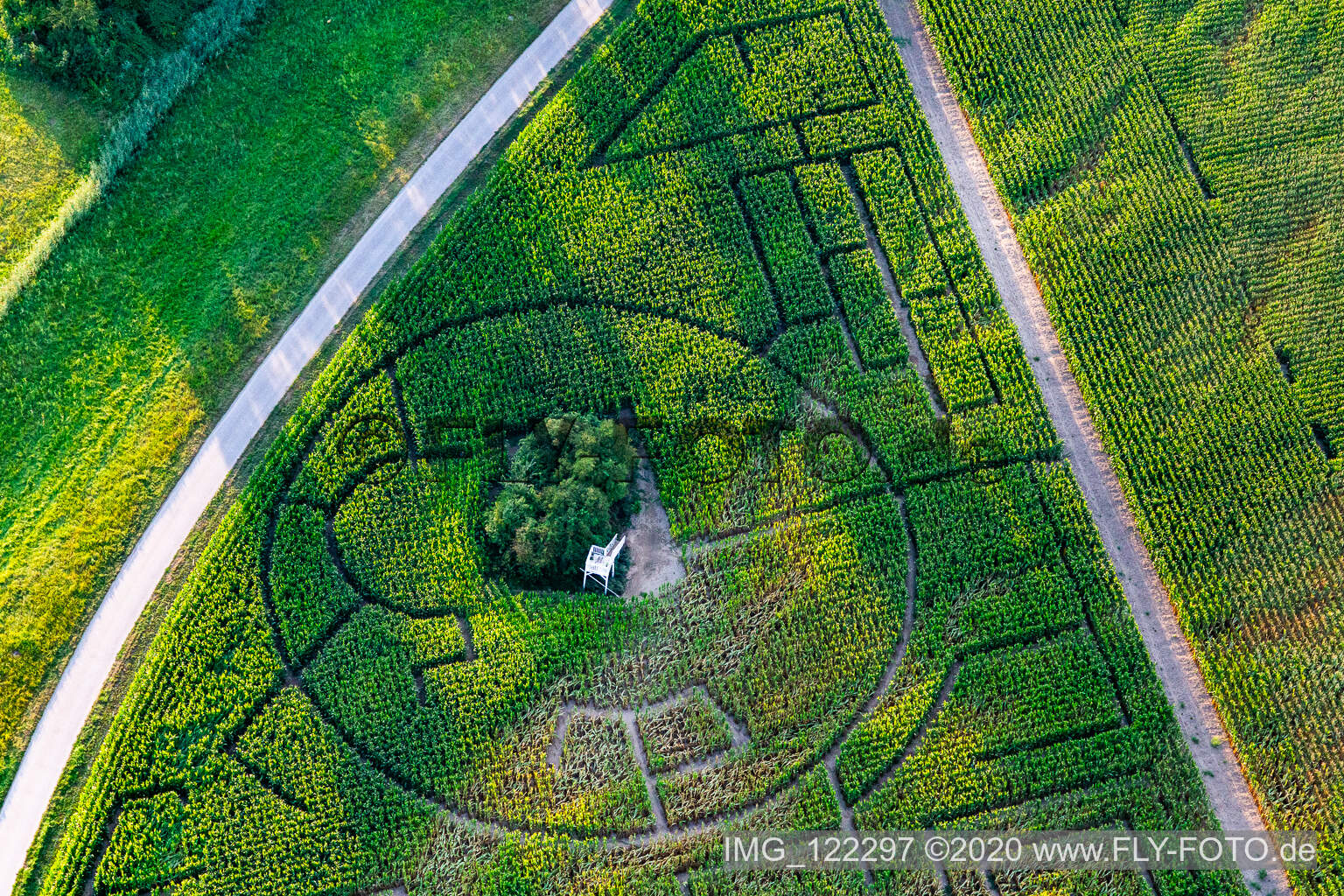 Luftbild von Irrgarten - Maislabyrinth bei Hofcafee Onkel Oskar der Bolz Landhandel GmbH auf einem Feld in Dettenheim im Bundesland Baden-Württemberg, Deutschland