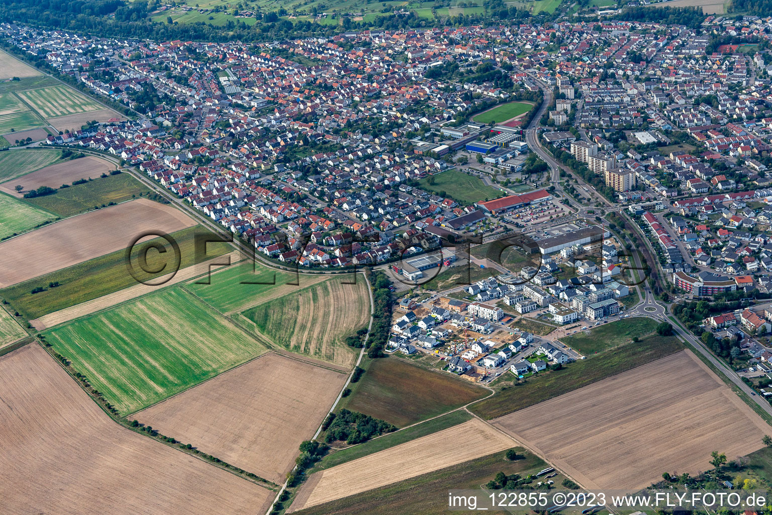 Luftbild von Hochstetten, Quartier 2020 Entwicklungsgebiet Biegen-Durlacher Weg in Linkenheim-Hochstetten im Bundesland Baden-Württemberg, Deutschland