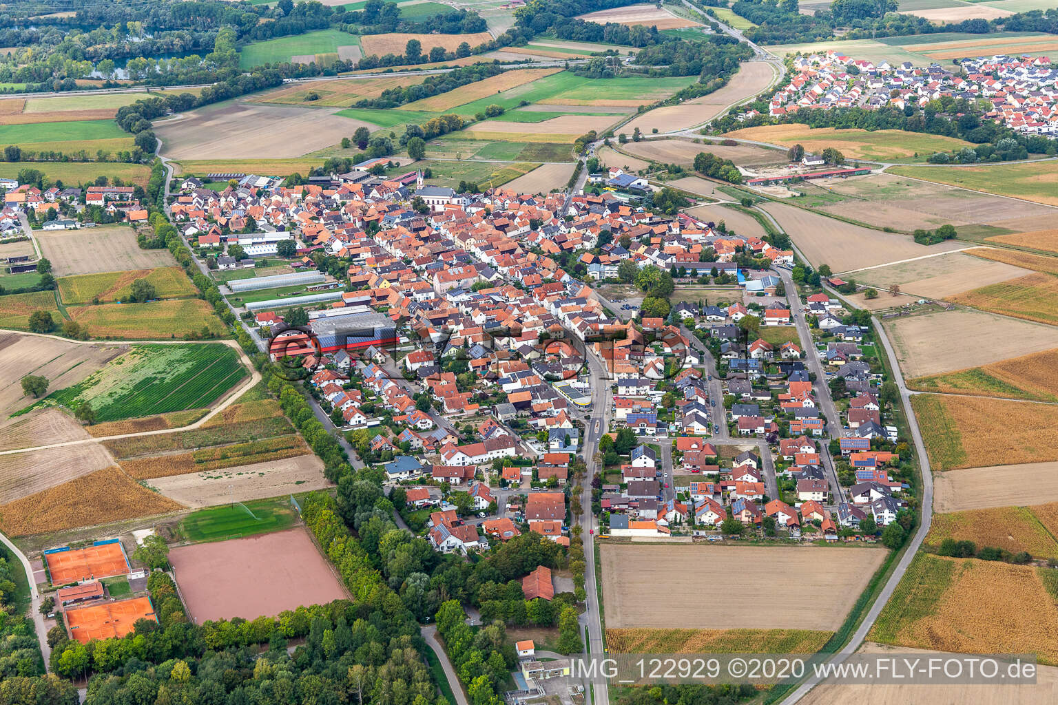 Dorf - Ansicht am Rande von landwirtschaftlichen Feldern und Nutzflächen im Ortsteil Hardtwald in Neupotz im Bundesland Rheinland-Pfalz, Deutschland
