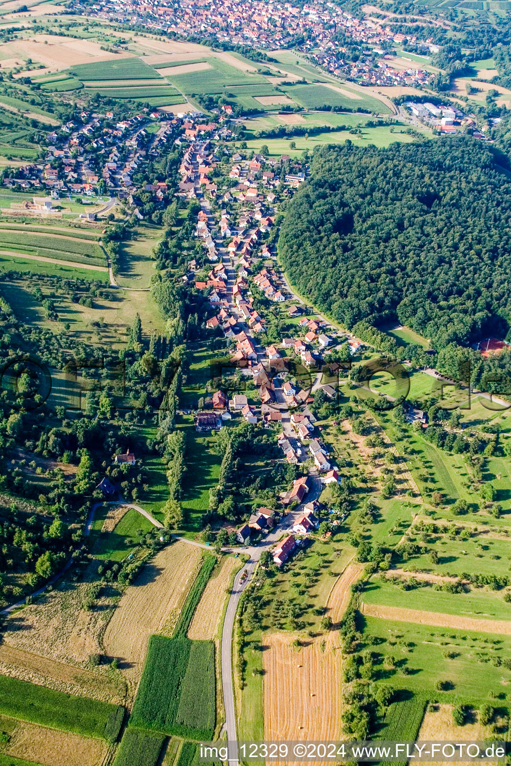Dorf - Ansicht am Rande von landwirtschaftlichen Feldern und Nutzflächen im Ortsteil Niebelsbach in Keltern im Bundesland Baden-Württemberg, Deutschland
