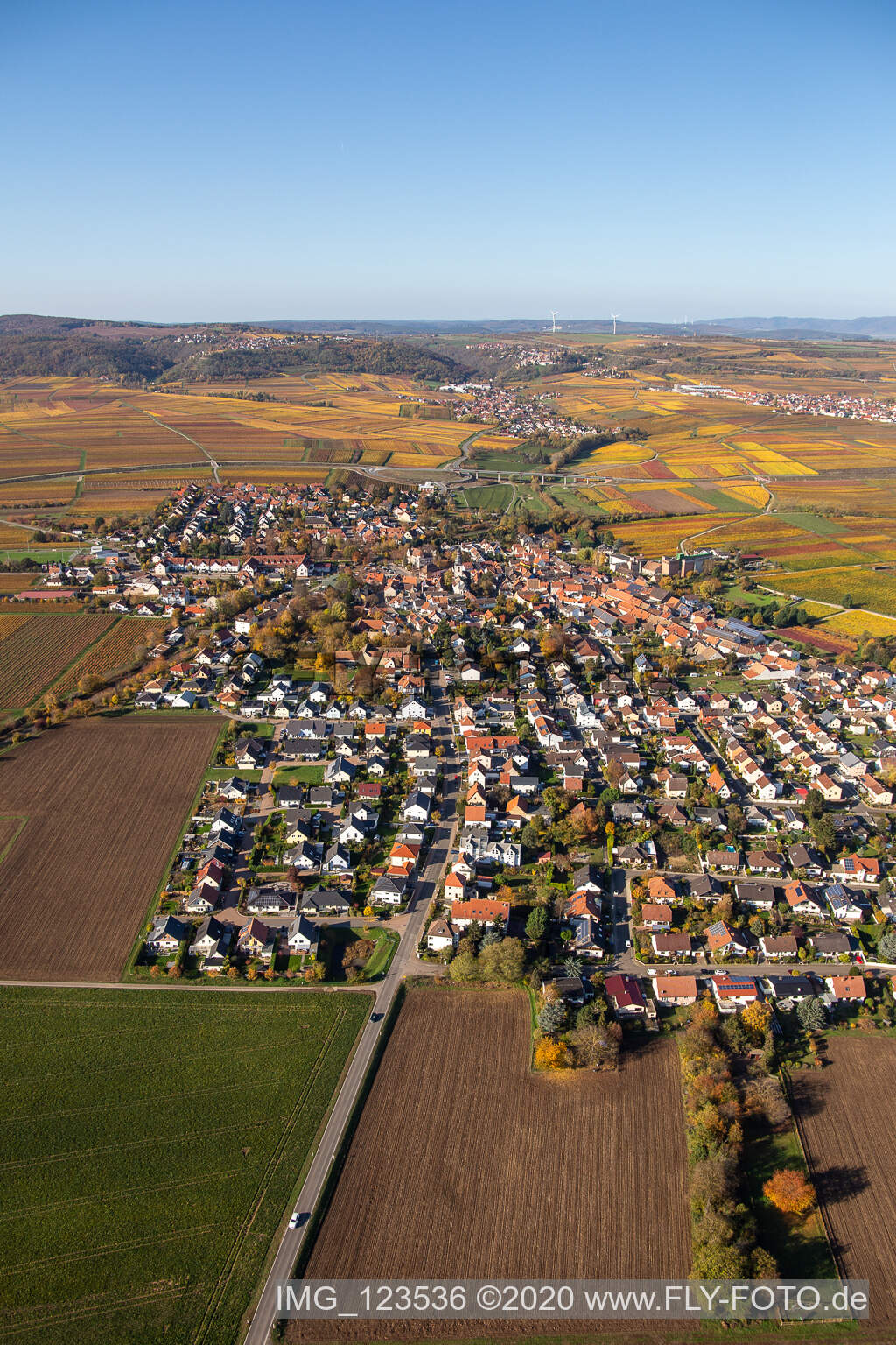 Schrägluftbild von Kirchheim an der Weinstraße im Bundesland Rheinland-Pfalz, Deutschland