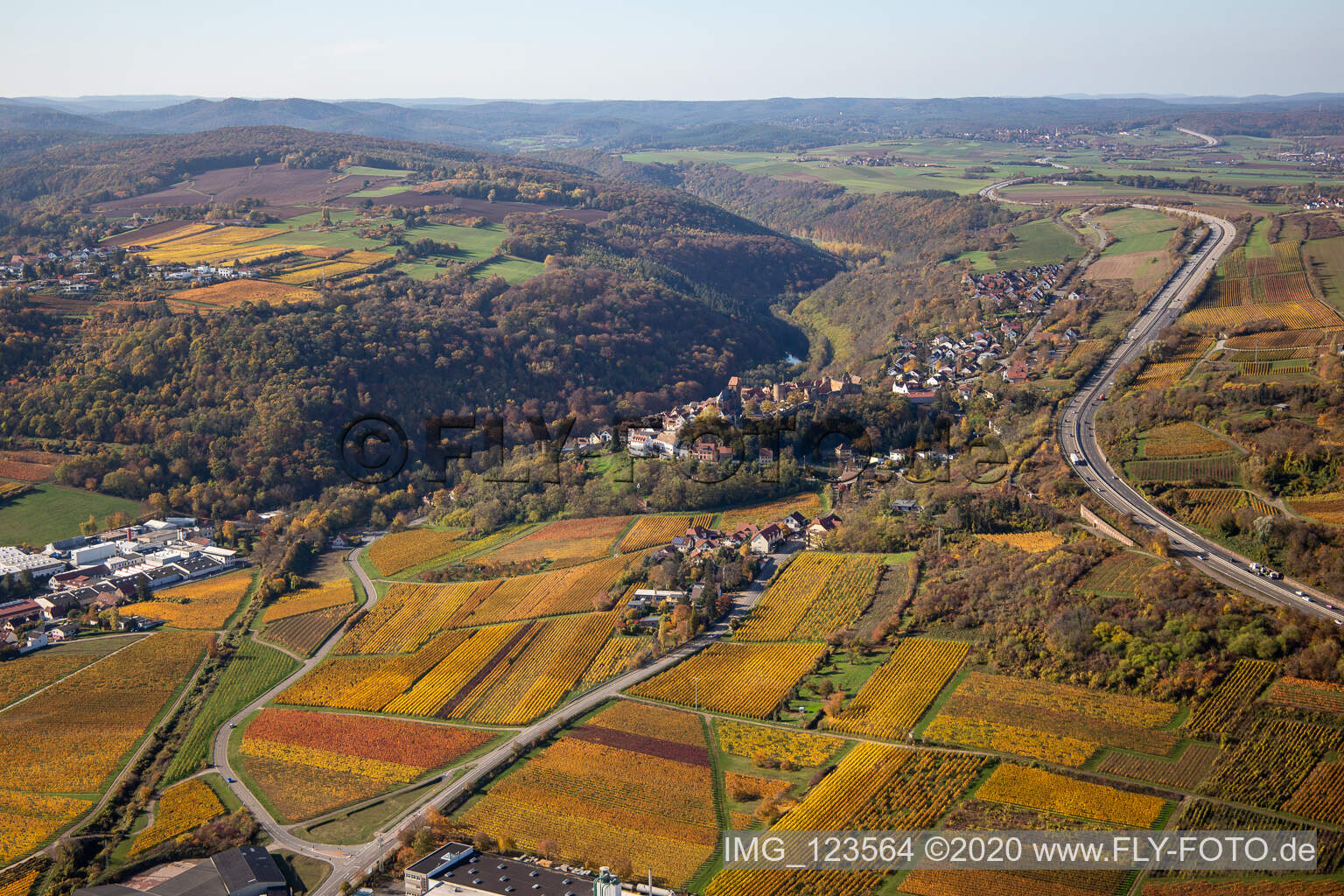 Herbstliche verfärbte Vegetationsansicht Ortskern am Rande von Weinbergen und Winzer- Gütern im Weinbaugebiet in Neuleiningen im Bundesland Rheinland-Pfalz, Deutschland