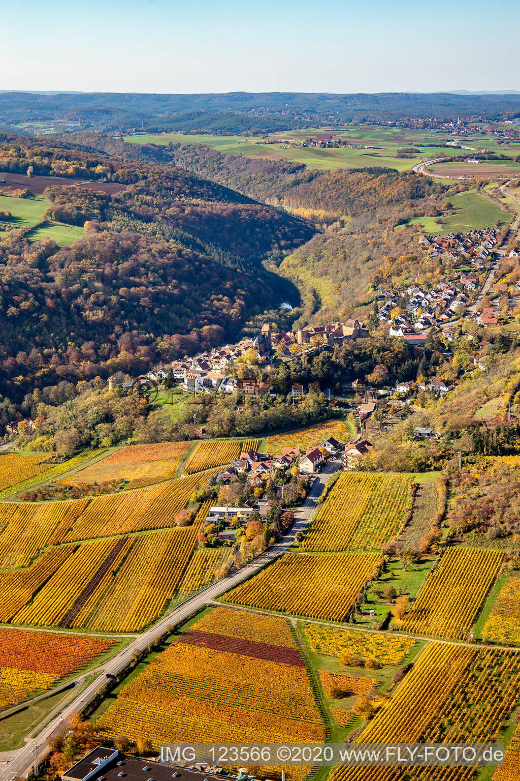 Luftbild von Herbstliche verfärbte Vegetationsansicht Ortskern am Rande von Weinbergen und Winzer- Gütern im Weinbaugebiet in Neuleiningen im Bundesland Rheinland-Pfalz, Deutschland