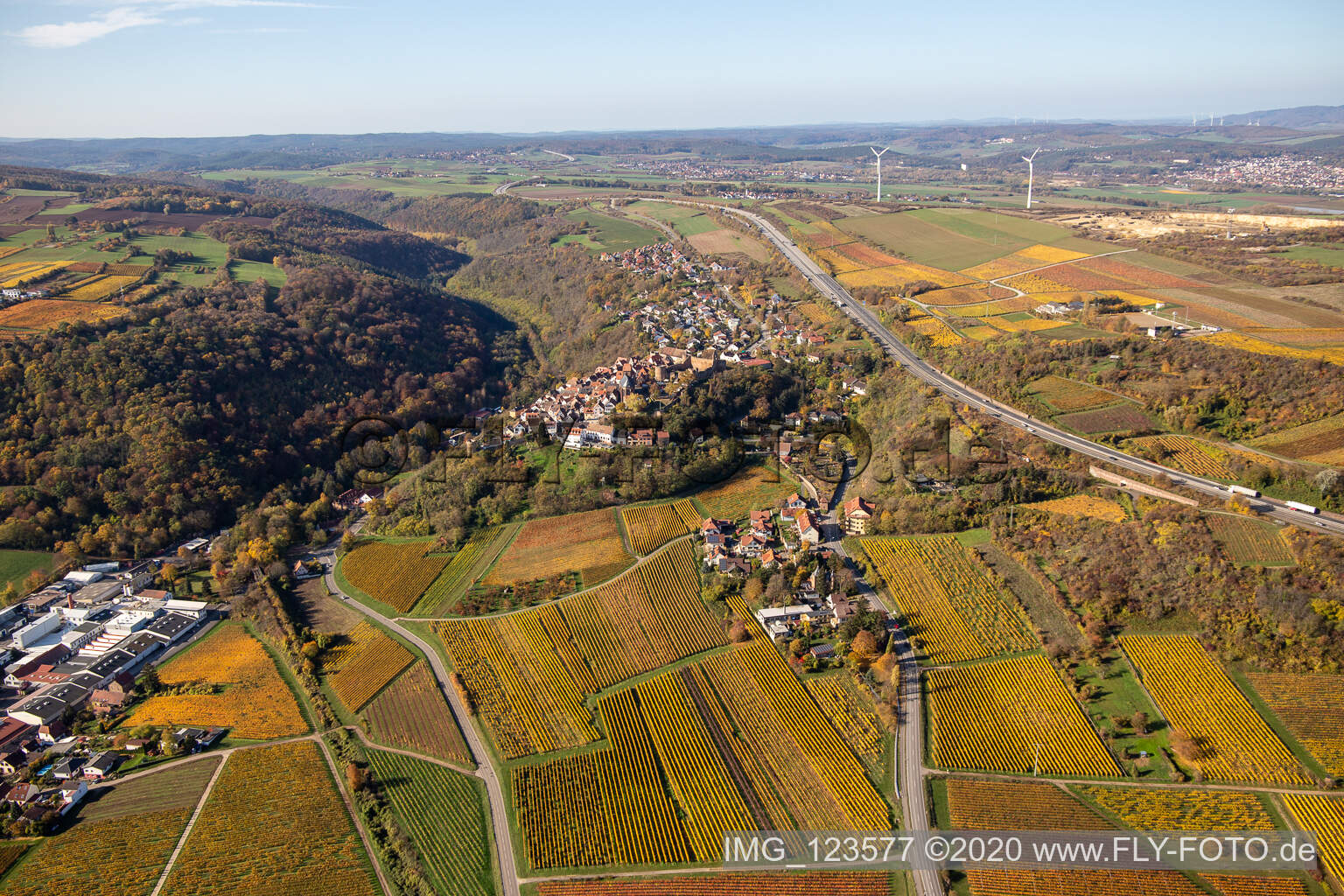 Luftaufnahme von Herbstliche verfärbte Vegetationsansicht Ortskern am Rande von Weinbergen und Winzer- Gütern im Weinbaugebiet in Neuleiningen im Bundesland Rheinland-Pfalz, Deutschland
