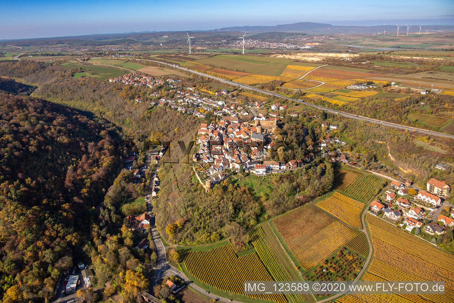 Herbstliche Weinberge um Burg und Ort Neuleiningen/Pfal im Bundesland Rheinland-Pfalz, Deutschland