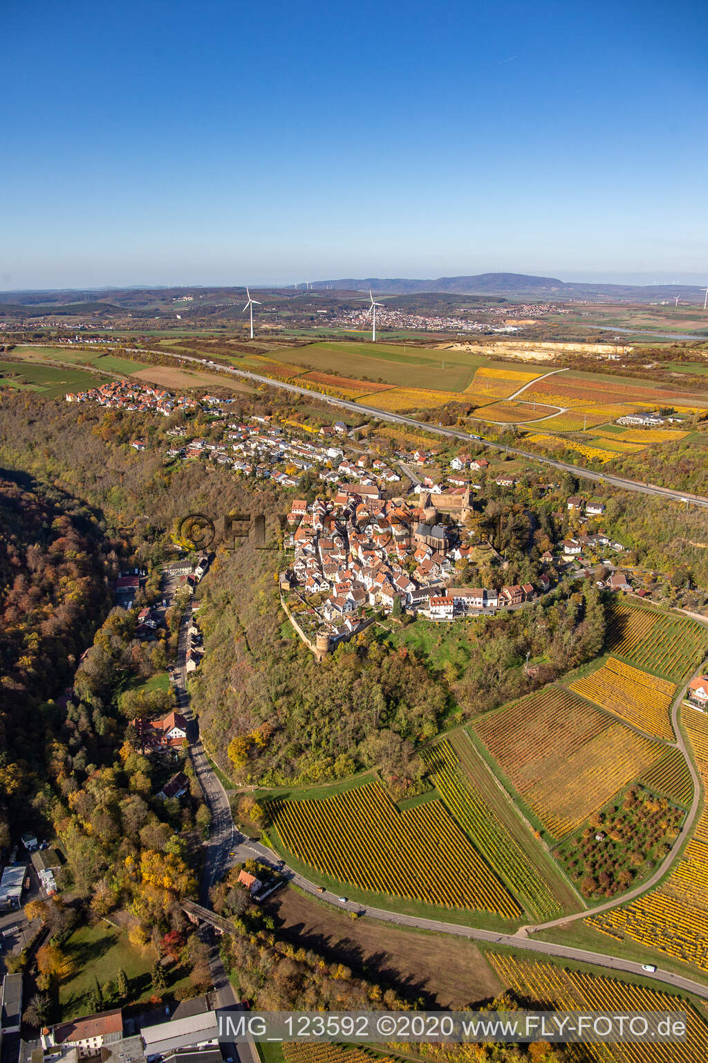 Herbstliche verfärbte Vegetationsansicht Ortskern am Rande von Weinbergen und Winzer- Gütern im Weinbaugebiet in Neuleiningen im Bundesland Rheinland-Pfalz, Deutschland aus der Luft