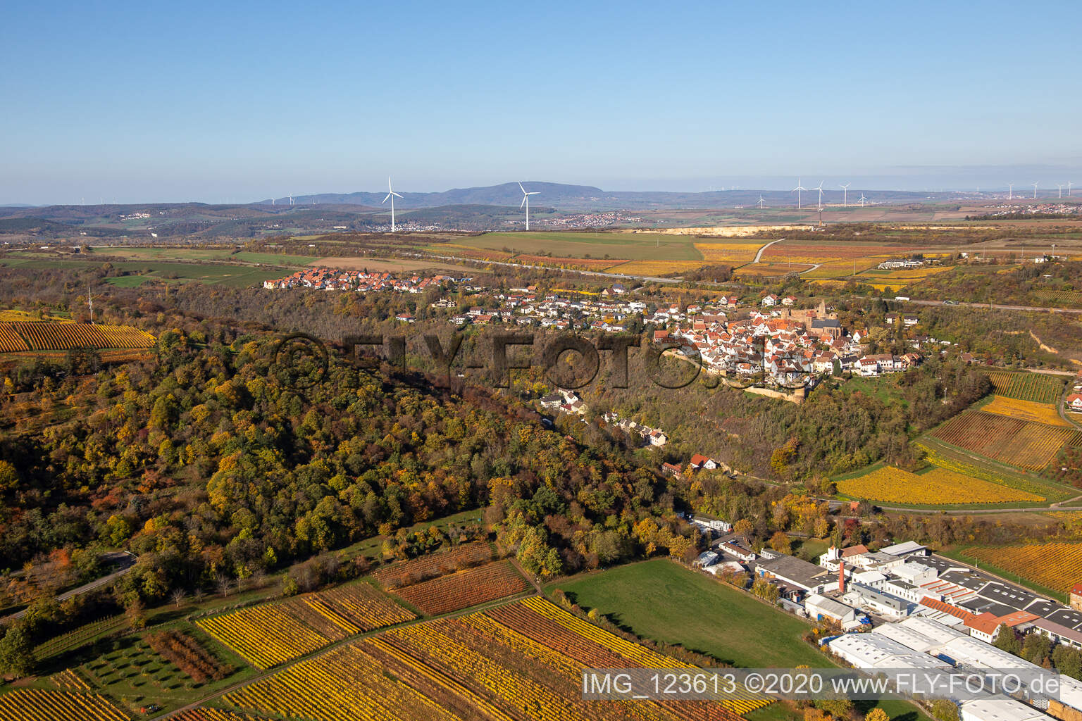 Luftbild von Herbstliche verfärbte von Weinberge oberhalb der Produktionshallen der Gechem GmbH & Co. KG in Neuleiningen im Bundesland Rheinland-Pfalz, Deutschland