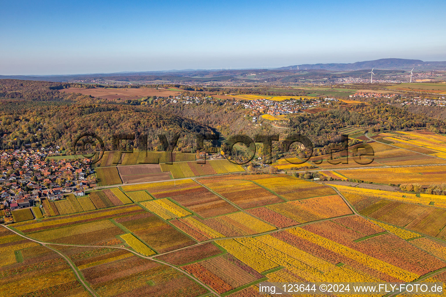 Herbstliche verfärbte Vegetationsansicht Strukturen auf landwirtschaftlichen Feldern in Battenberg (Pfalz) im Bundesland Rheinland-Pfalz, Deutschland