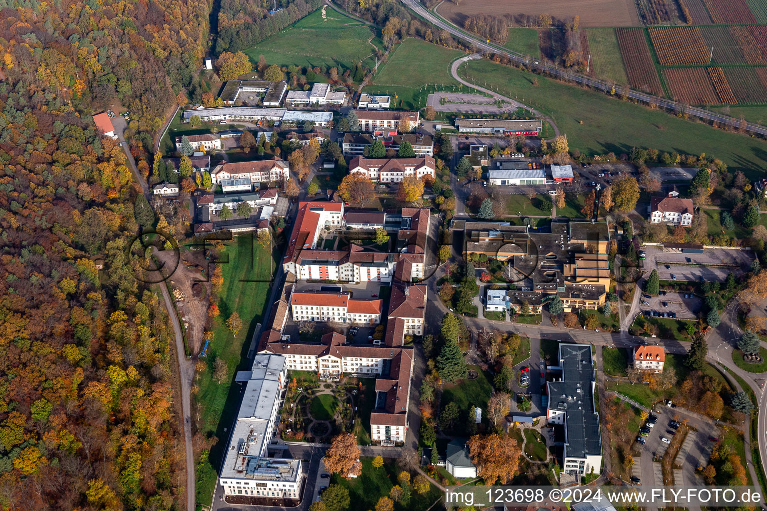 Herbstluftbild des Klinikgelände des Krankenhauses Klinik für Kinder-/Jugendpsychiatrie und -psychotherapie im Ortsteil Pfalzklinik Landeck in Klingenmünster im Bundesland Rheinland-Pfalz, Deutschland