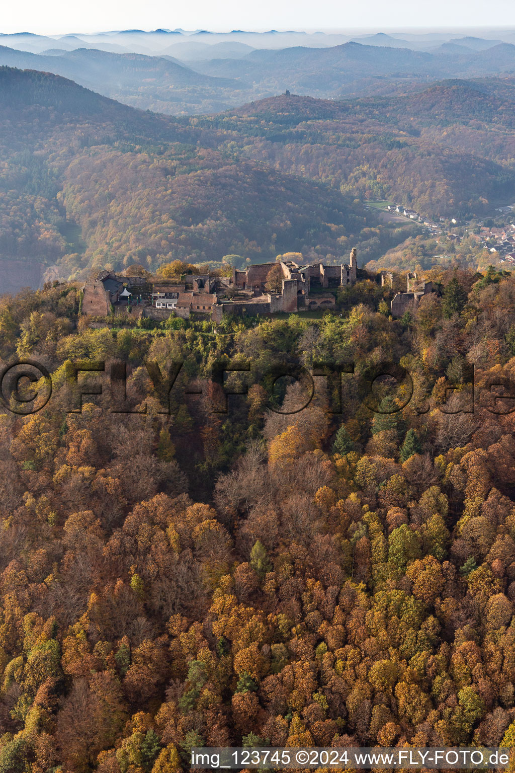 Luftaufnahme von Burgruine Madenburg in Eschbach im Bundesland Rheinland-Pfalz, Deutschland