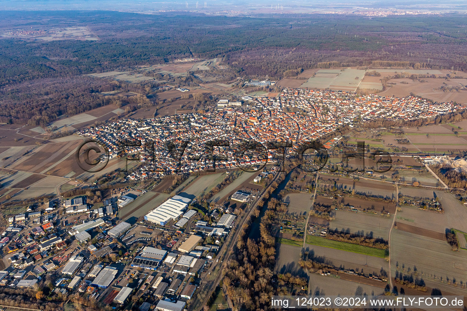 Luftaufnahme von Industrie- und Gewerbegebiet mit Faurecia, Linde+Wiemann in Hagenbach im Bundesland Rheinland-Pfalz, Deutschland