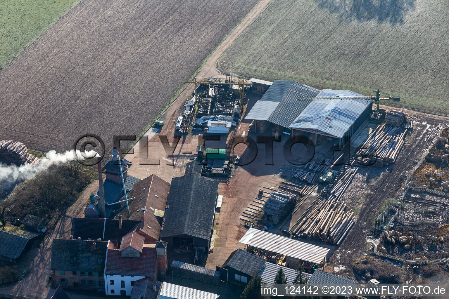 Luftaufnahme von Holzwerk Orth mit abgebrannter Halle im Ortsteil Schaidt in Wörth am Rhein im Bundesland Rheinland-Pfalz, Deutschland