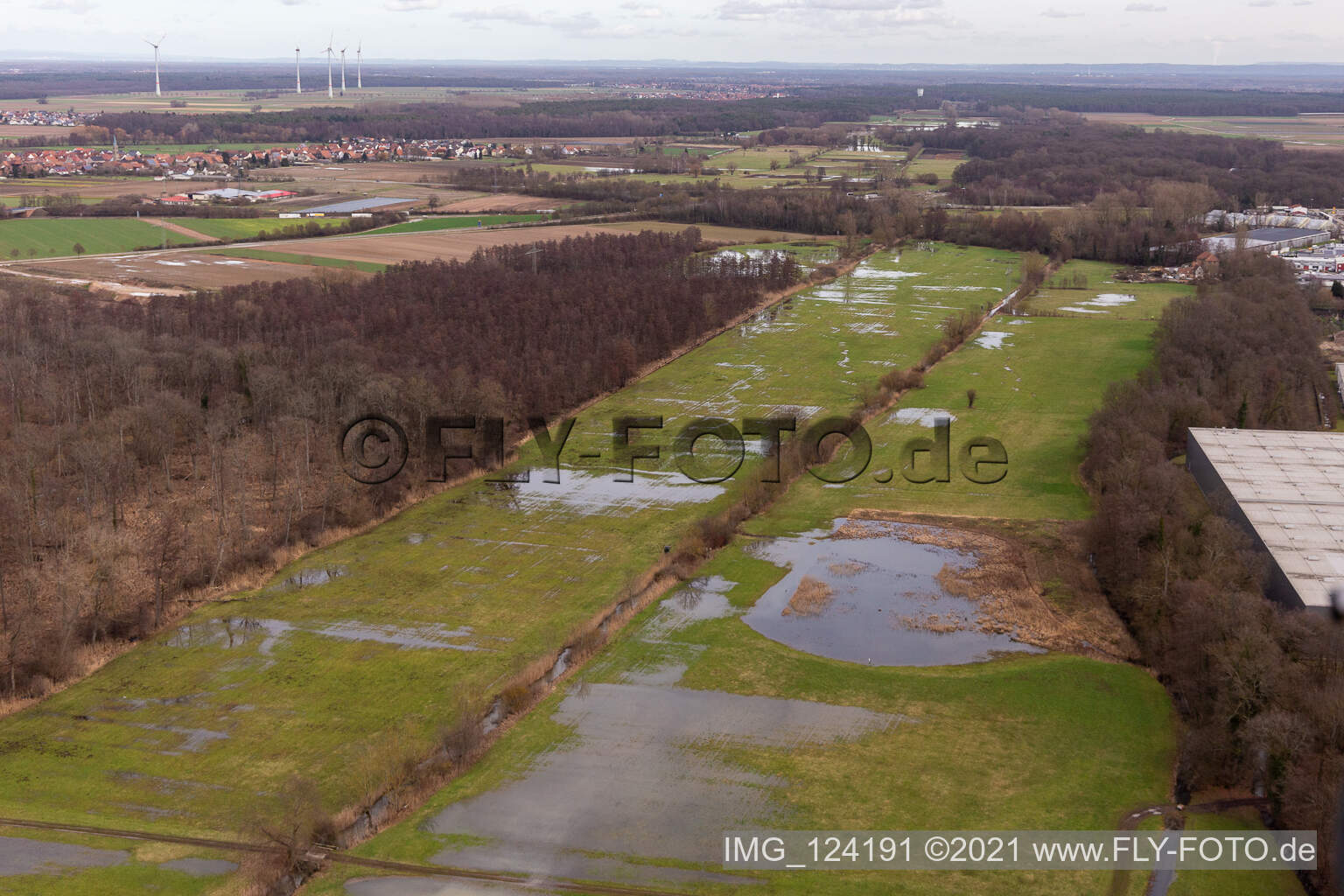 Überfluteter Bauerngraben, Flutgraben, Erlenbach im Ortsteil Minderslachen in Kandel im Bundesland Rheinland-Pfalz, Deutschland