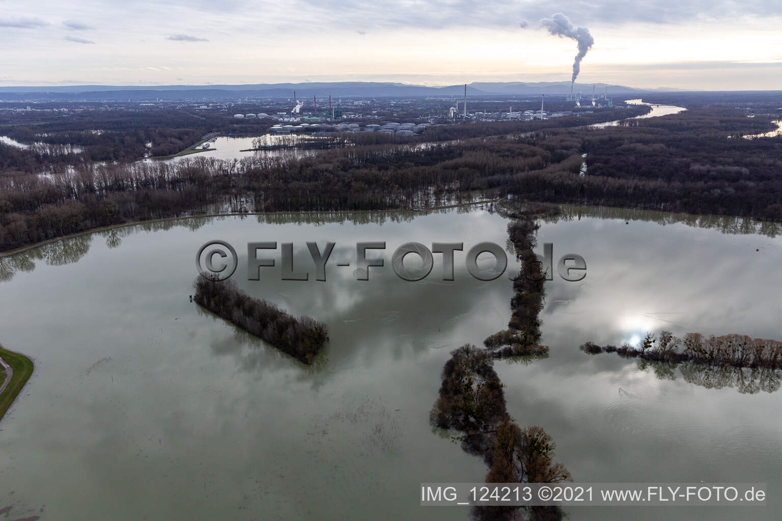 Luftaufnahme von Überfluteter Altrhein / Polder Neupotz in Wörth am Rhein im Bundesland Rheinland-Pfalz, Deutschland