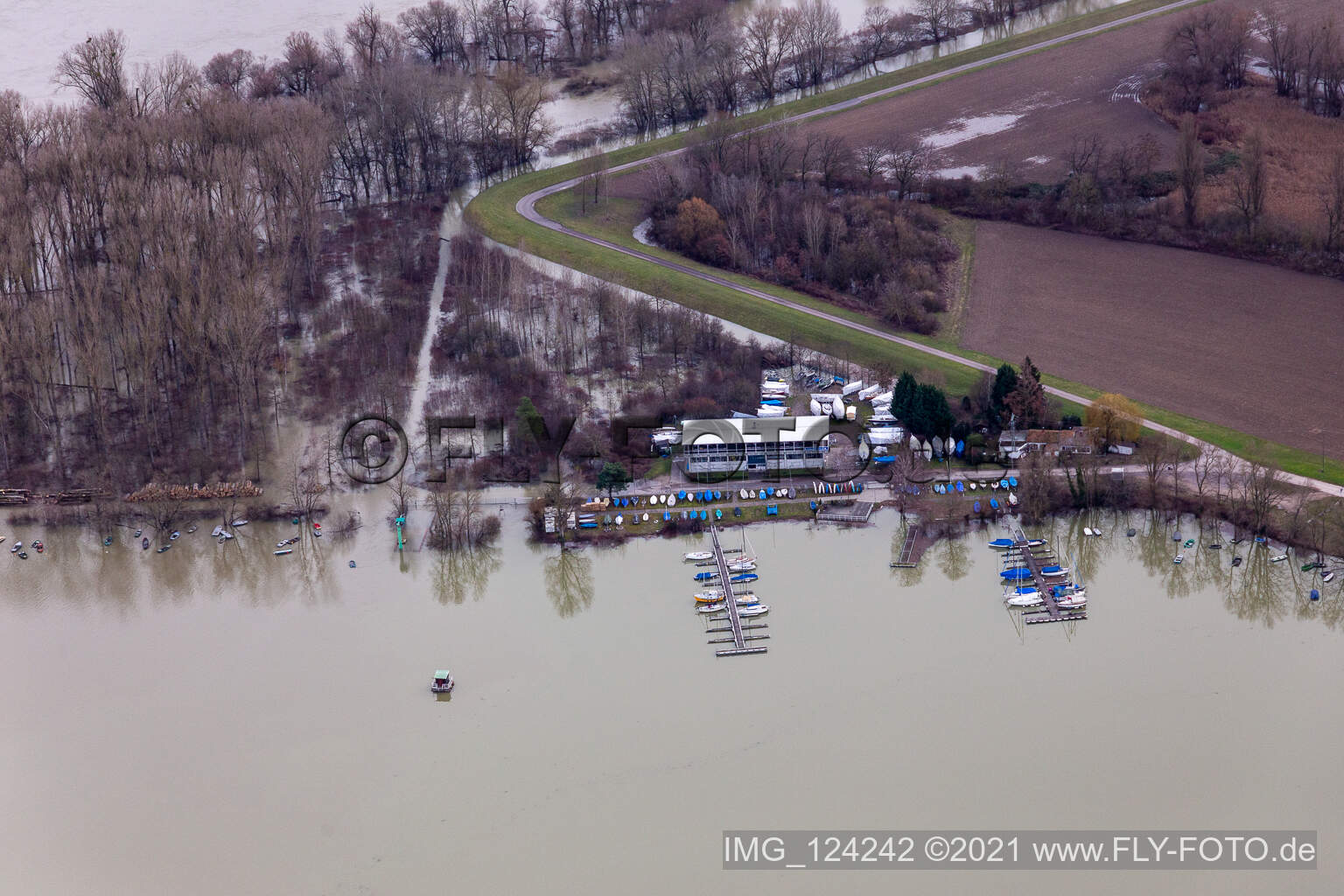 Segelclub RKC Wörth bei Hochwasser im Ortsteil Maximiliansau in Wörth am Rhein im Bundesland Rheinland-Pfalz, Deutschland