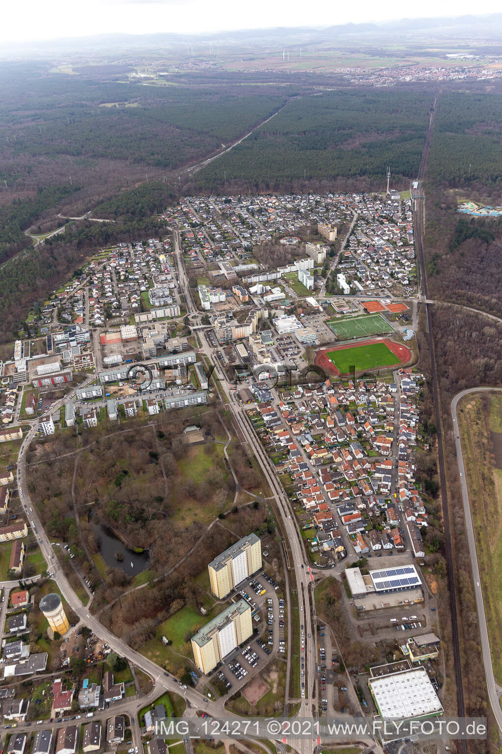 Luftbild von Dorschberg mit dem Wörther Bürgerpark in Wörth am Rhein im Bundesland Rheinland-Pfalz, Deutschland