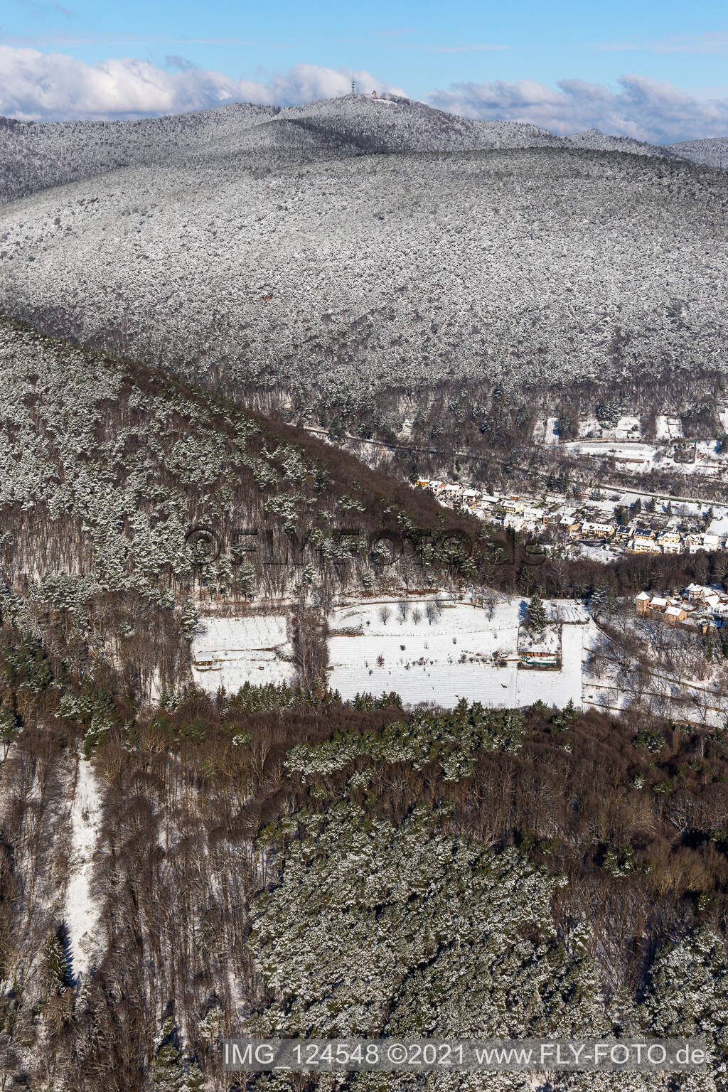 Winterluftbild im Schnee der großen Kalmit in Maikammer im Bundesland Rheinland-Pfalz, Deutschland