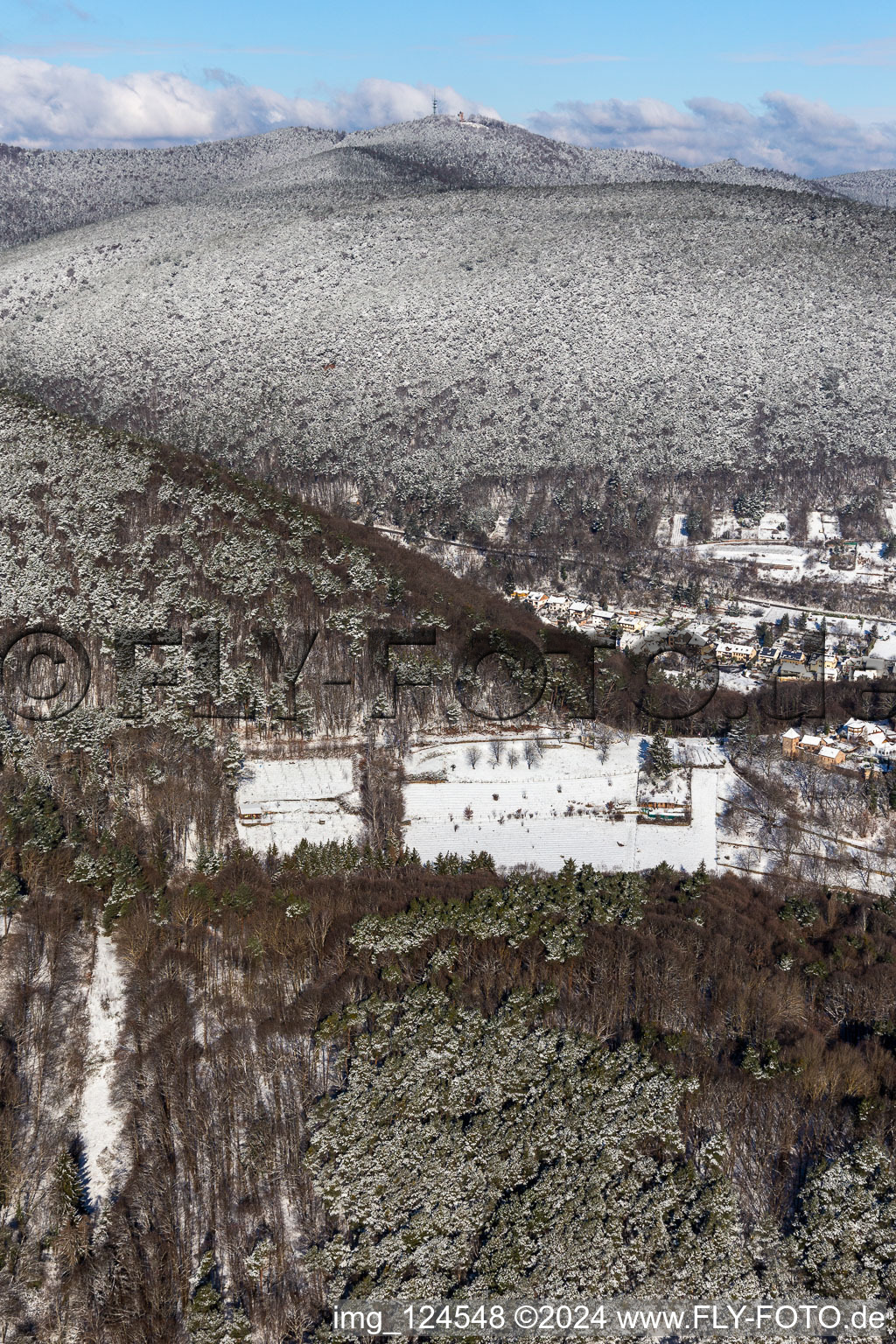 Winterluftbild im Schnee der großen Kalmit in Maikammer im Bundesland Rheinland-Pfalz, Deutschland