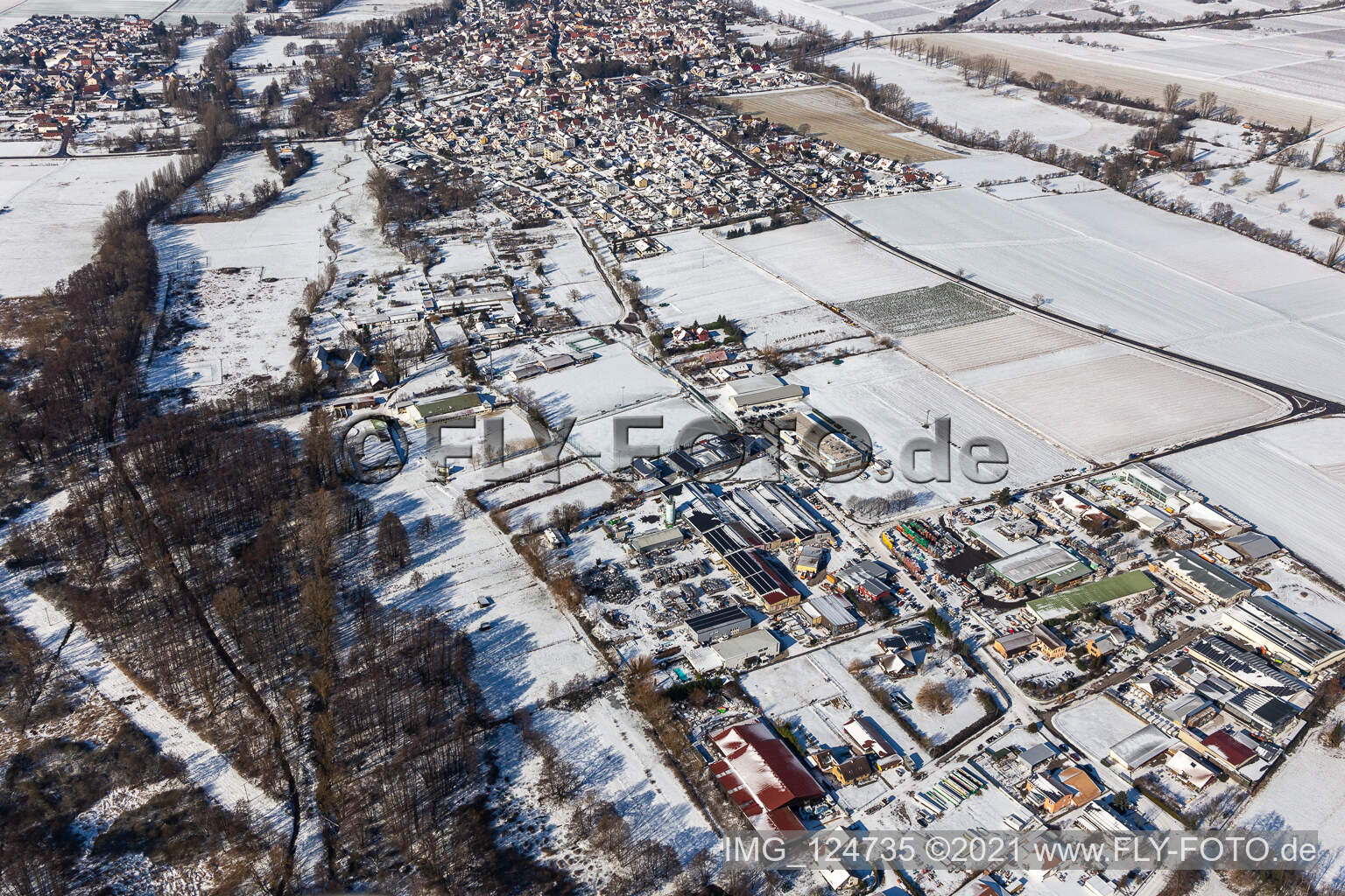Winterluftbild im Schnee Industriegebiet Billigheim in Billigheim-Ingenheim im Bundesland Rheinland-Pfalz, Deutschland