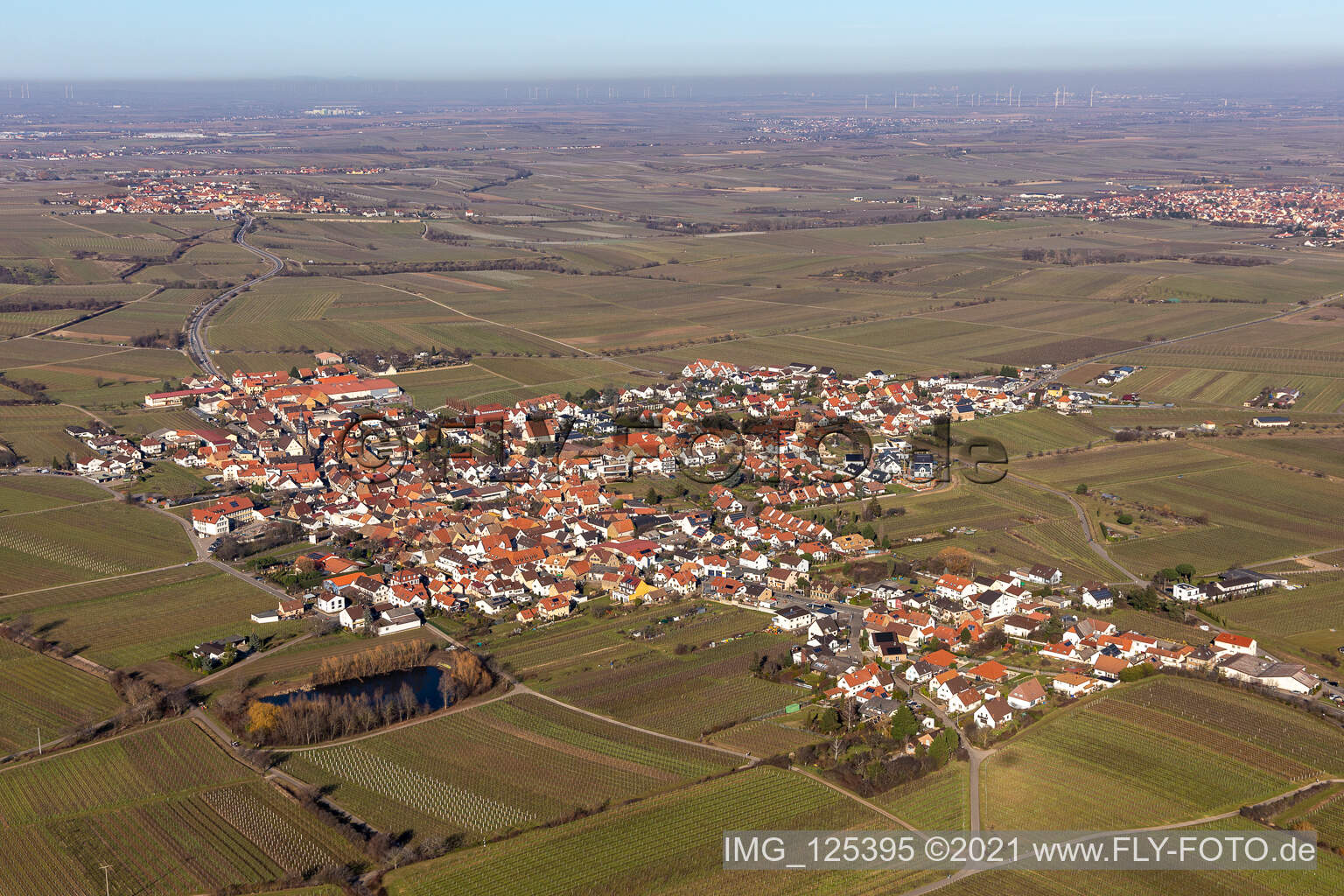 Stadtansicht vom Innenstadtbereich mit dem Stadtrand angrenzend an landwirtschaftliche Feldern in Kallstadt im Bundesland Rheinland-Pfalz, Deutschland