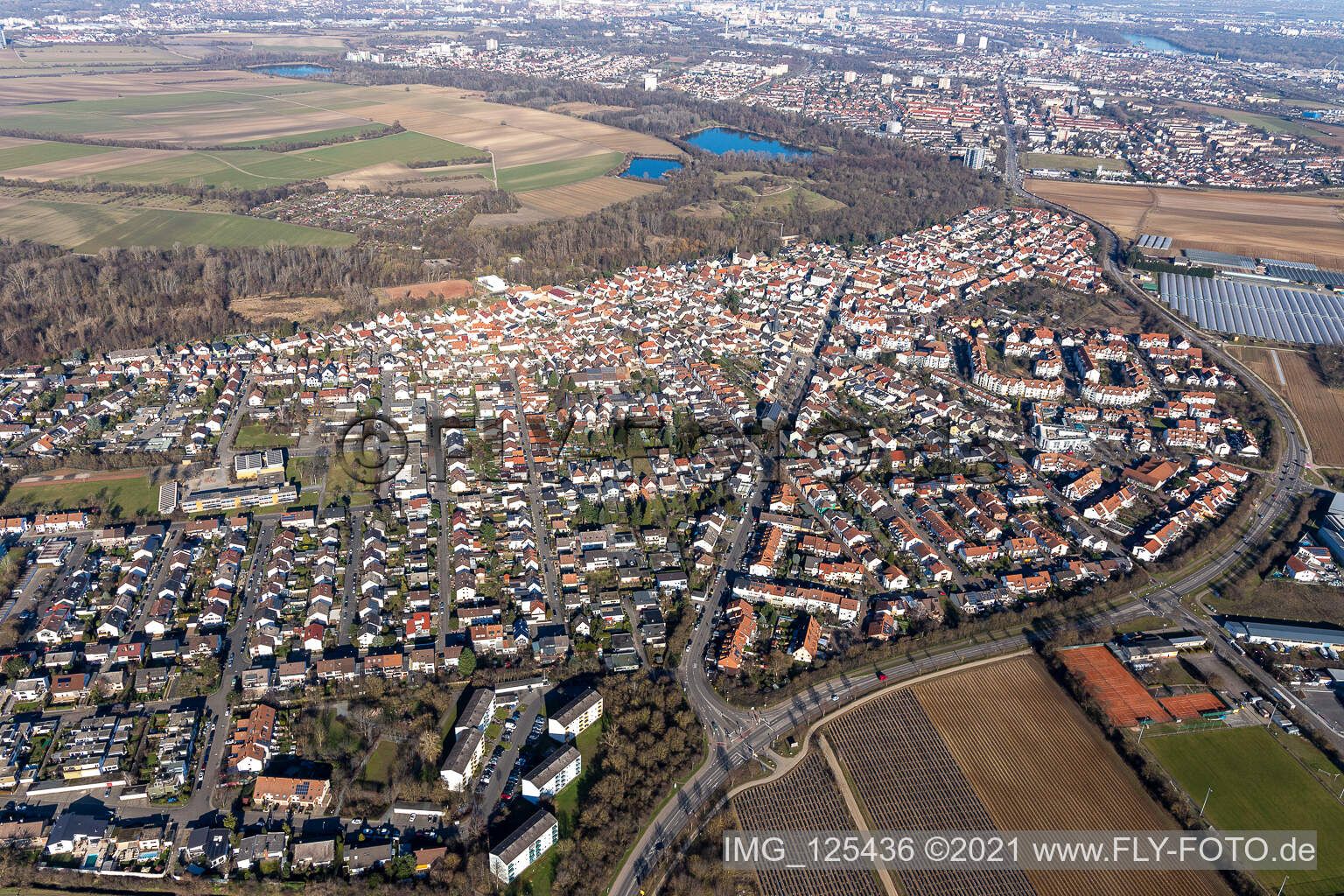 Ortsteil Maudach in Ludwigshafen am Rhein im Bundesland Rheinland-Pfalz, Deutschland aus der Luft
