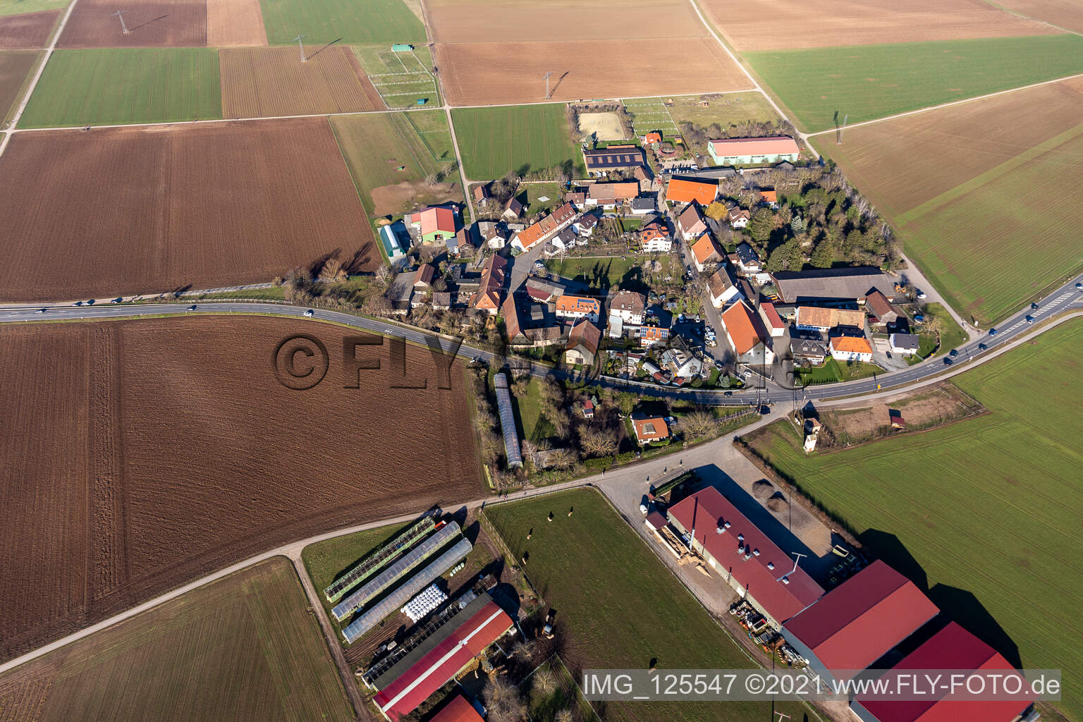 Luftbild von Dorf - Ansicht in Bruchhausen in Sandhausen im Bundesland Baden-Württemberg, Deutschland