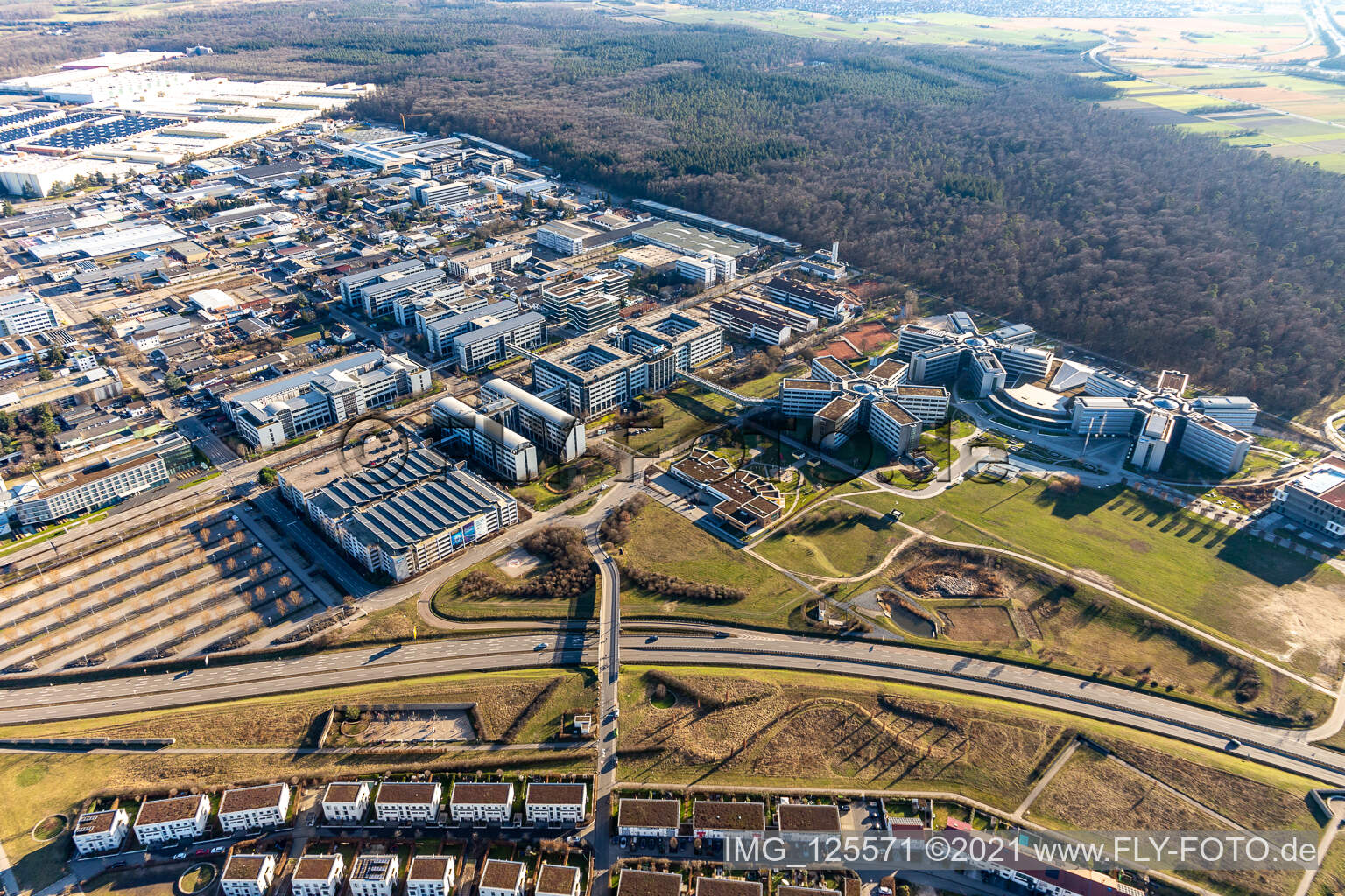 Luftbild von Sternförmige Büro- und Geschäftshäuser der SAP Deutschland SE & Co. KG am Waldrand in Walldorf im Bundesland Baden-Württemberg