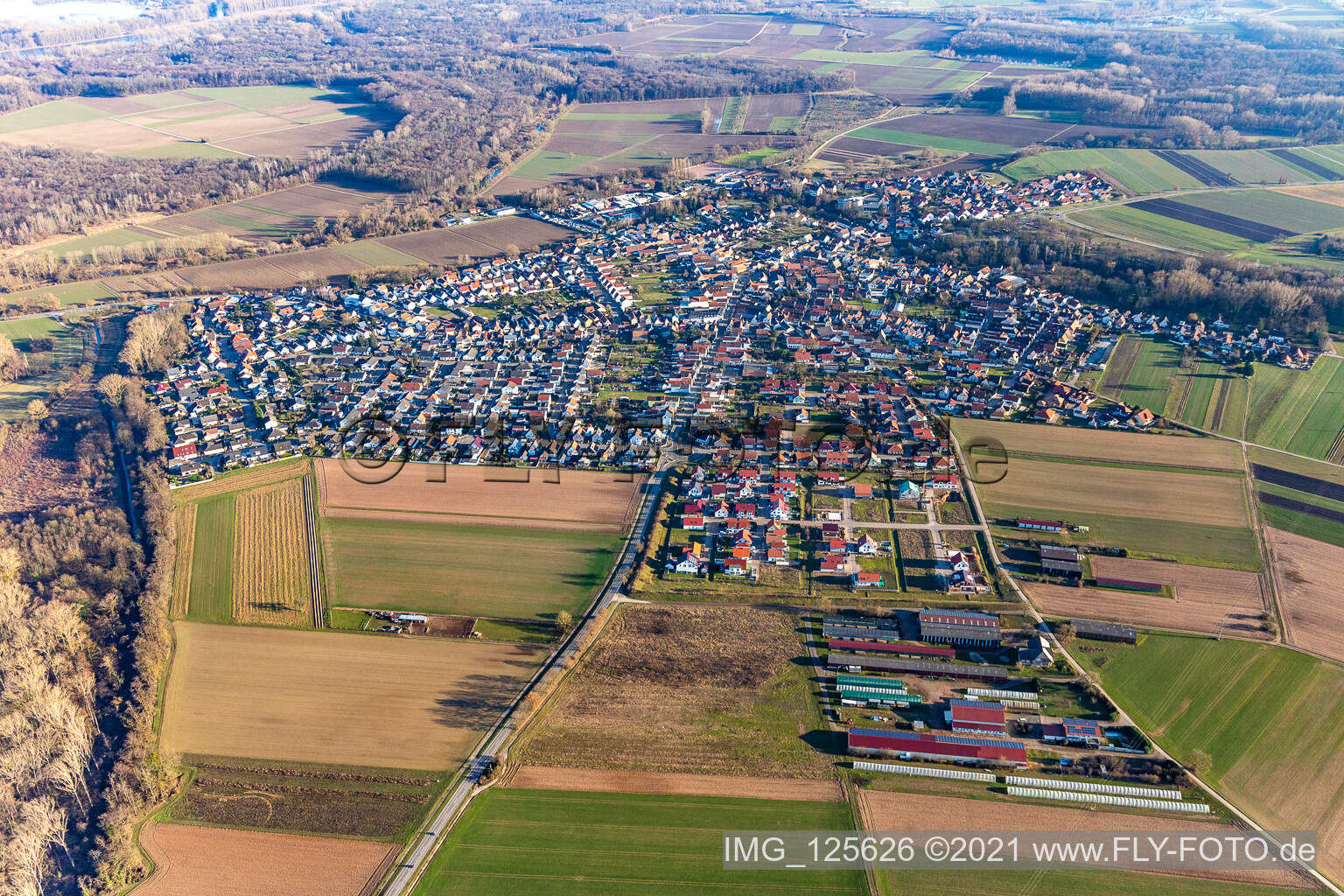 Ortsansicht am Rande von landwirtschaftlichen Feldern und Nutzflächen in Hördt im Bundesland Rheinland-Pfalz, Deutschland
