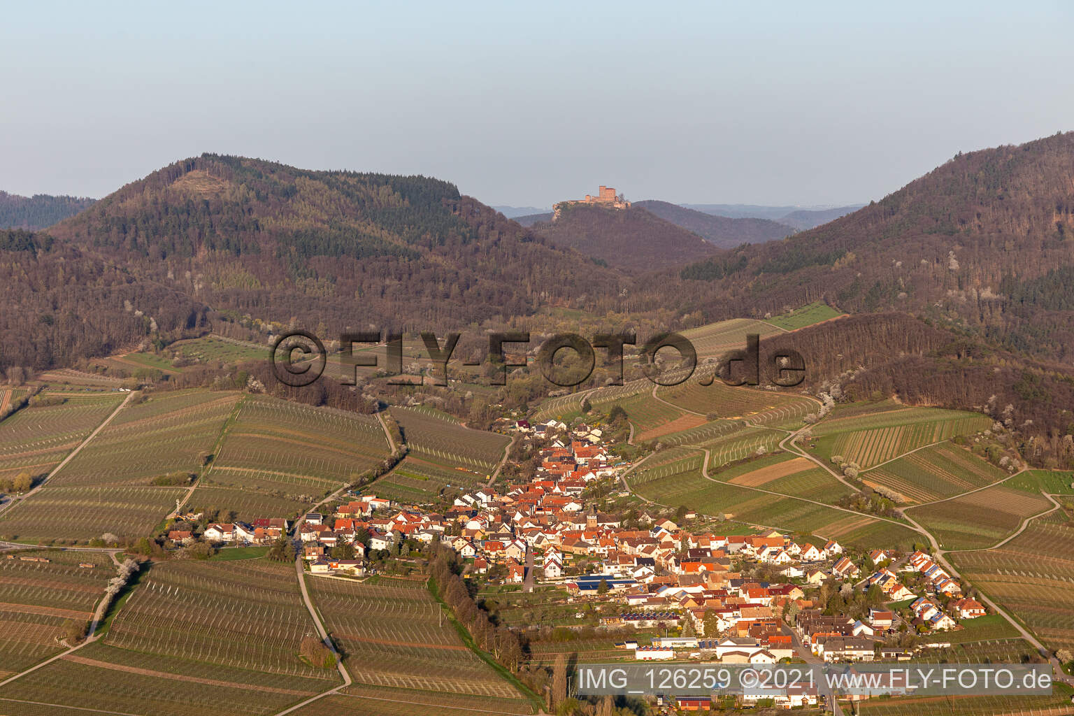 Luftbild von Dorf - Ansicht am Rande von Weinbergen im Frühjahr vor dem Trifels in Birkweiler in Ranschbach im Bundesland Rheinland-Pfalz, Deutschland
