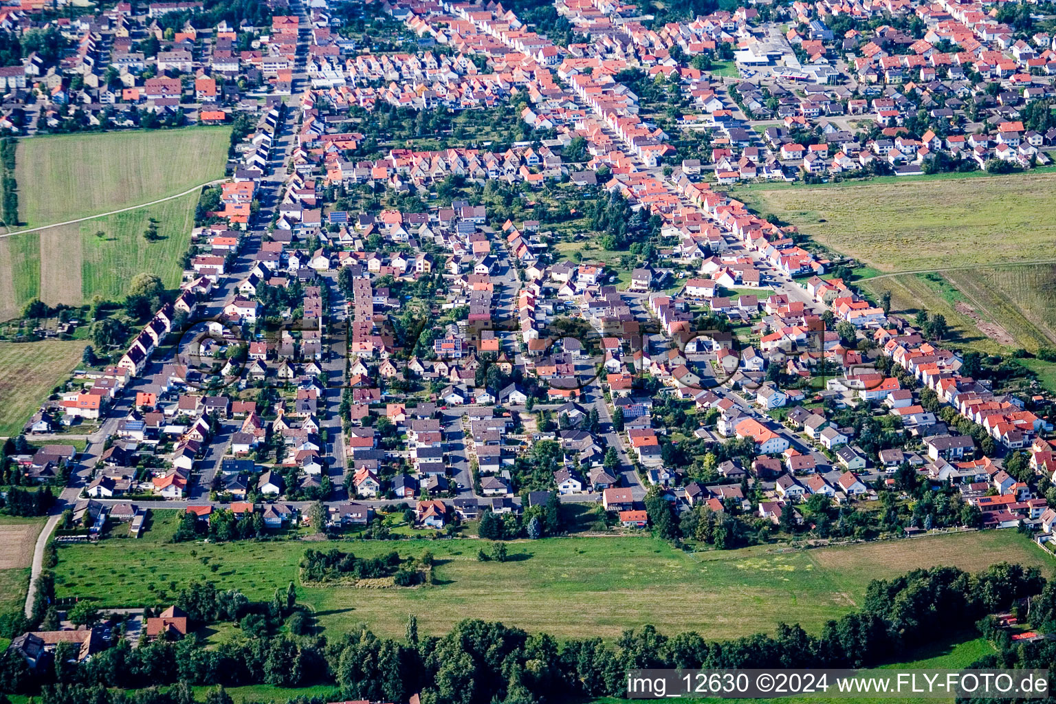 Ortsansicht der Straßen und Häuser der Wohngebiete in Haßloch im Bundesland Rheinland-Pfalz, Deutschland