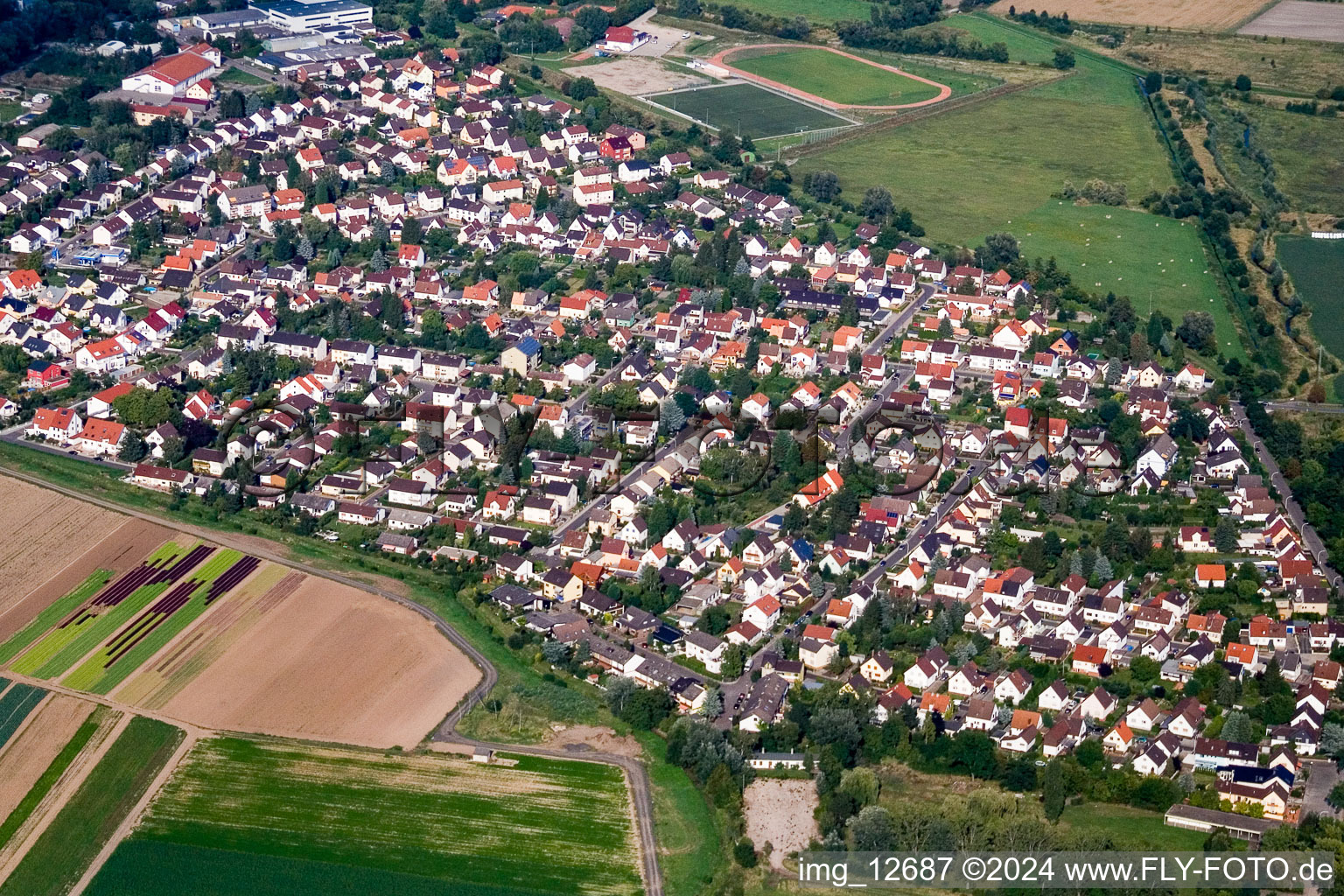 Luftbild von Ortsansicht der Straßen und Häuser der Wohngebiete in Lambsheim im Bundesland Rheinland-Pfalz, Deutschland