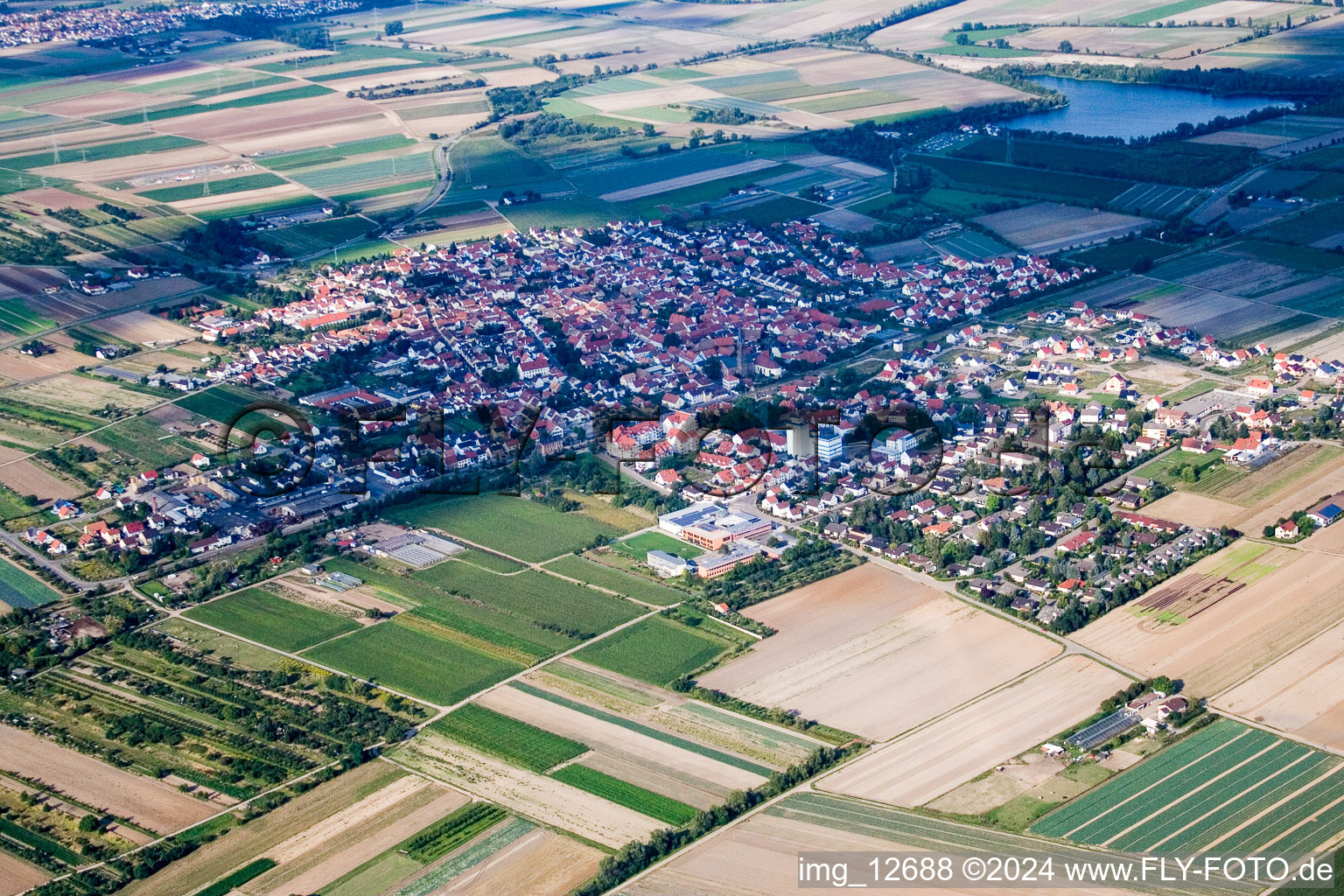 Luftaufnahme von Ortsansicht der Straßen und Häuser der Wohngebiete in Lambsheim im Bundesland Rheinland-Pfalz, Deutschland
